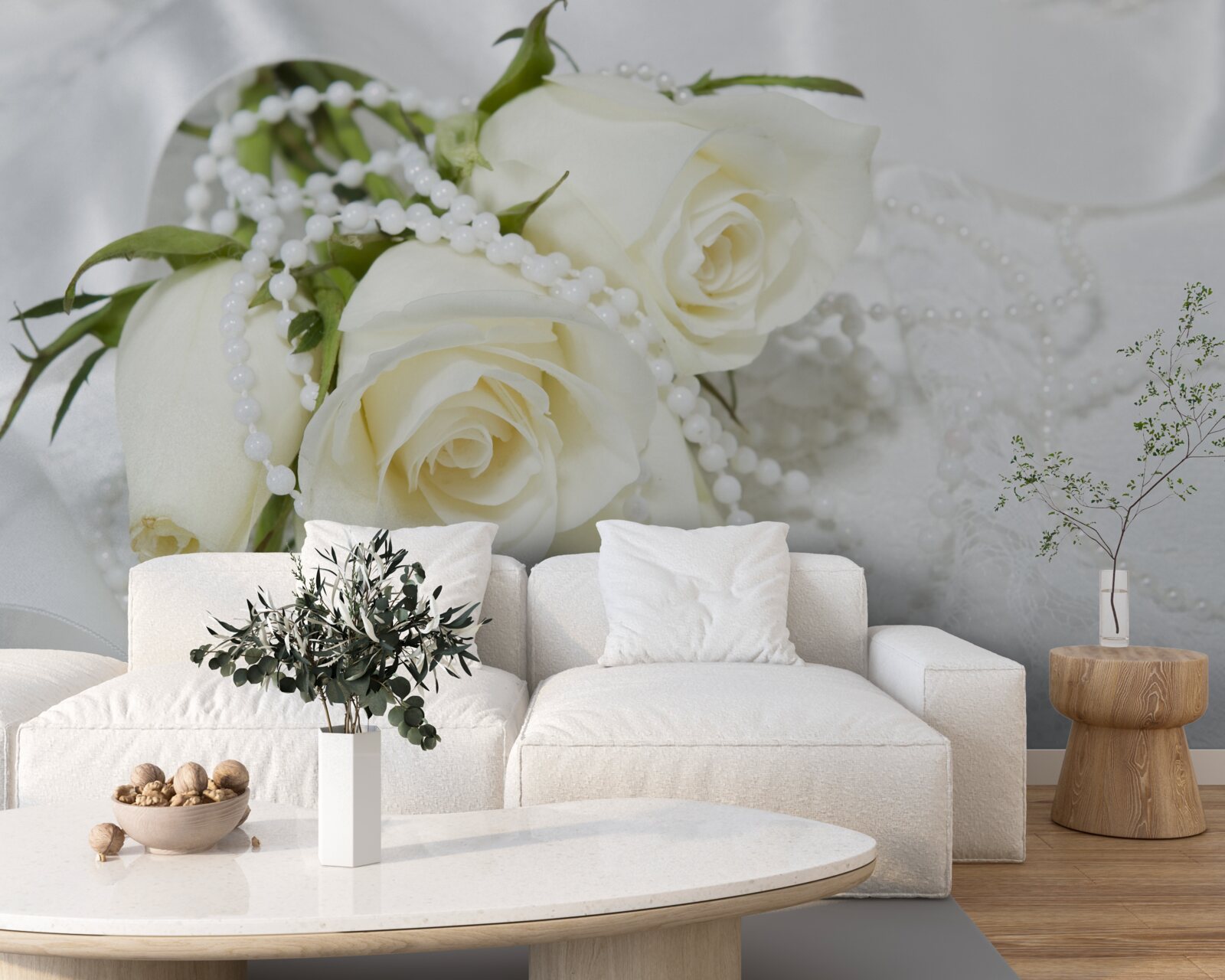 Fototapet compoziție de trandafiri albi cu mărgele de perle