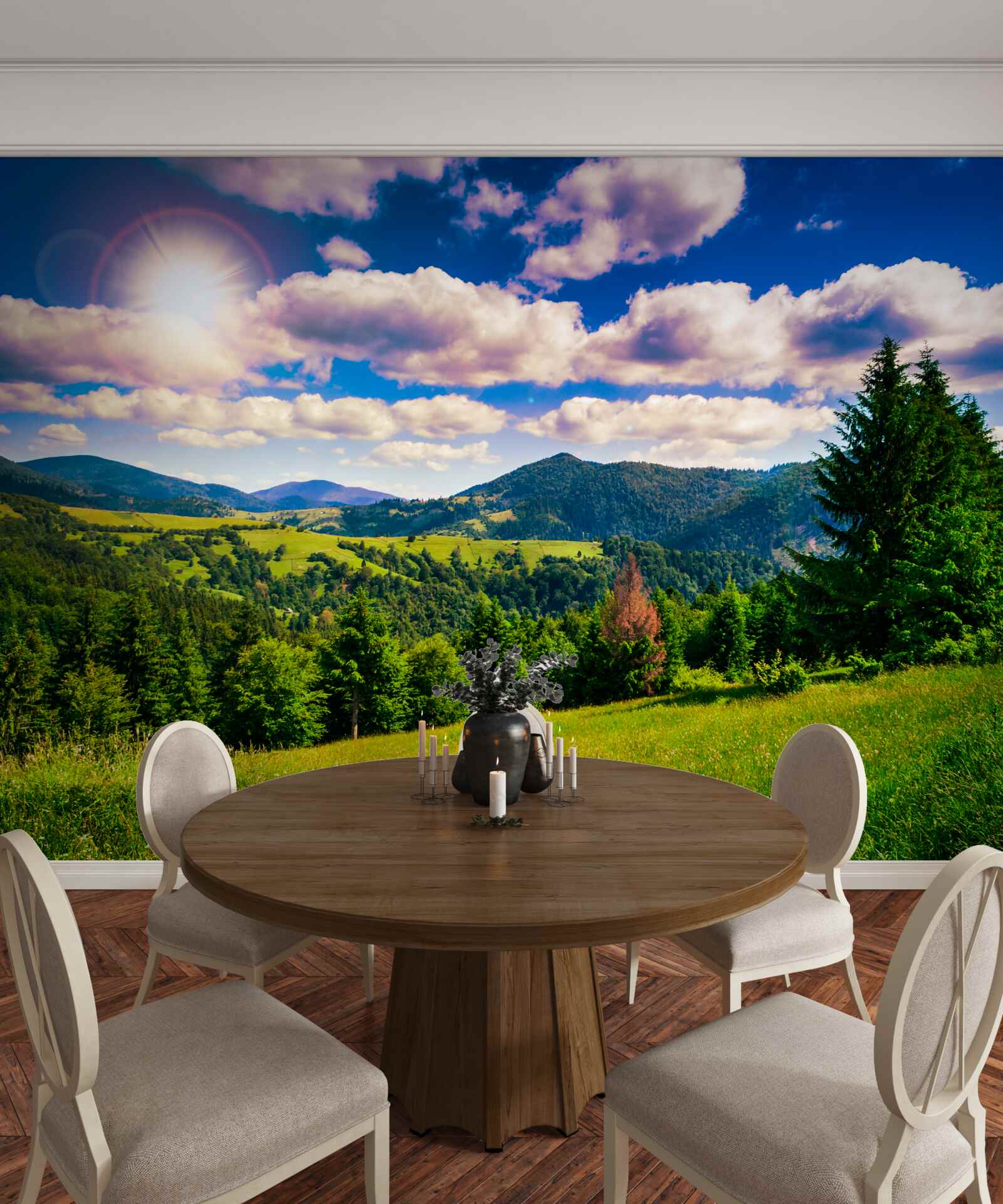 Fototapet într-o zi senină, vârfurile verzi ale pajiștilor