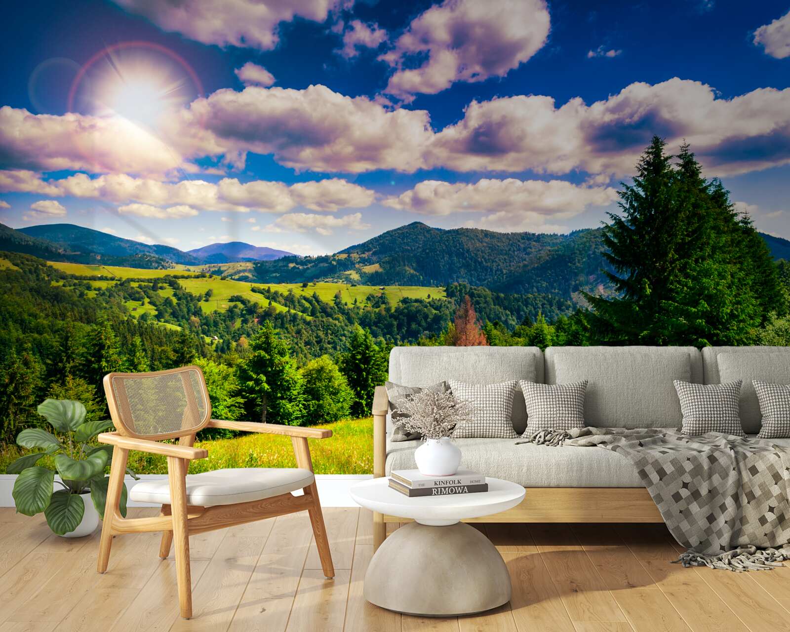 Fototapet într-o zi senină, vârfurile verzi ale pajiștilor