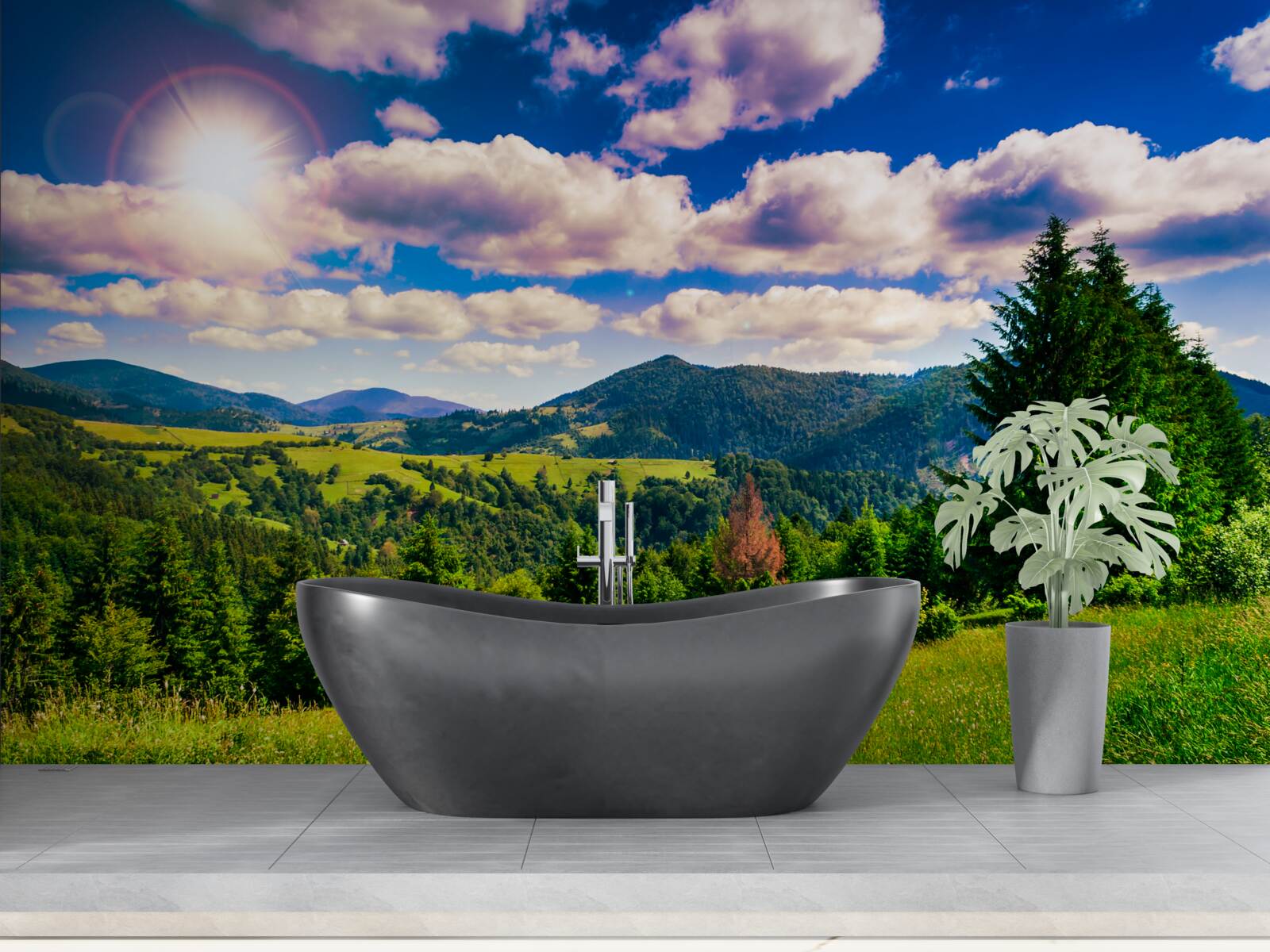 Fototapet într-o zi senină, vârfurile verzi ale pajiștilor