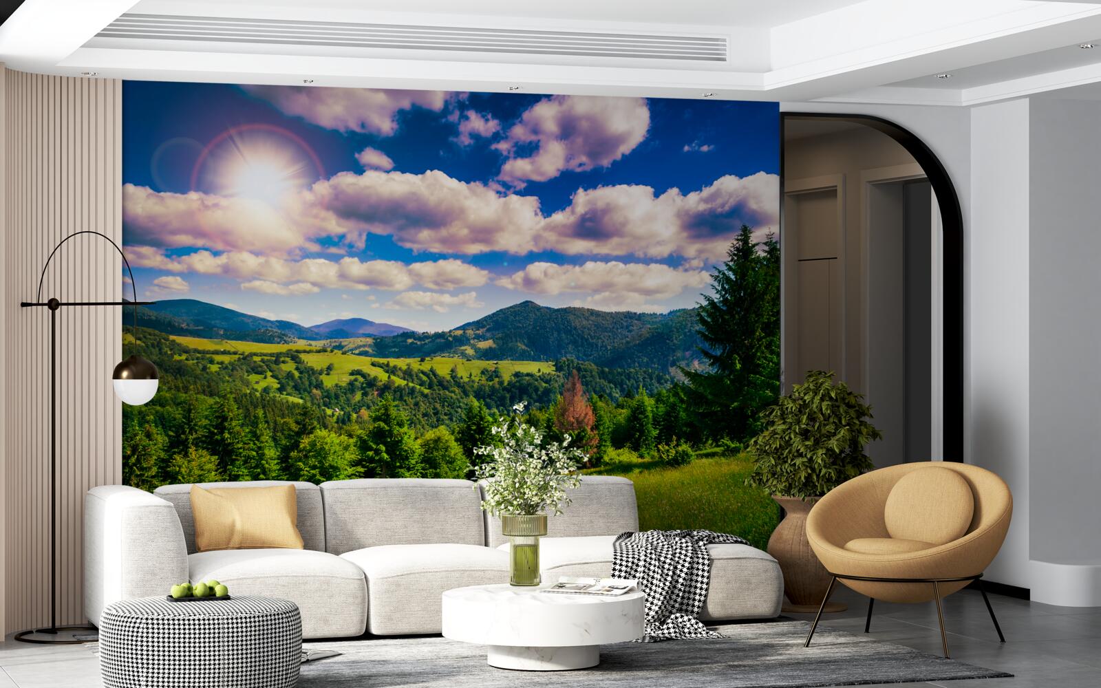 Fototapet într-o zi senină, vârfurile verzi ale pajiștilor