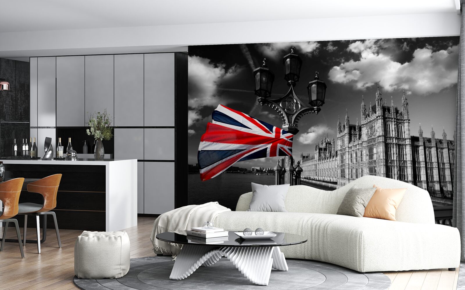 Fototapet silueta orașului pe fundalul drapelului englez