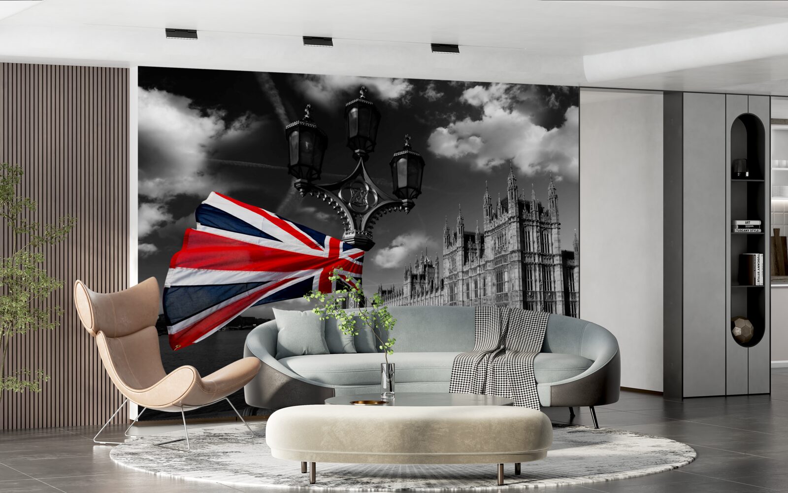 Fototapet silueta orașului pe fundalul drapelului englez