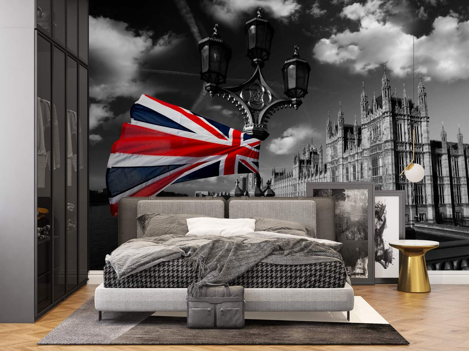 Fototapet silueta orașului pe fundalul drapelului englez