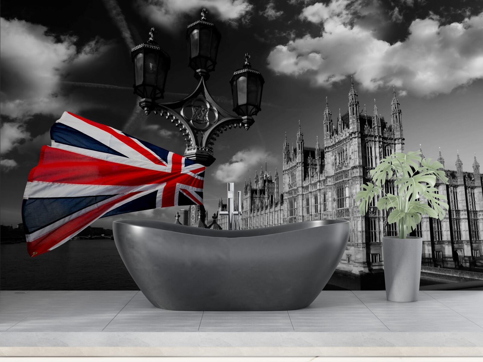 Fototapet silueta orașului pe fundalul drapelului englez