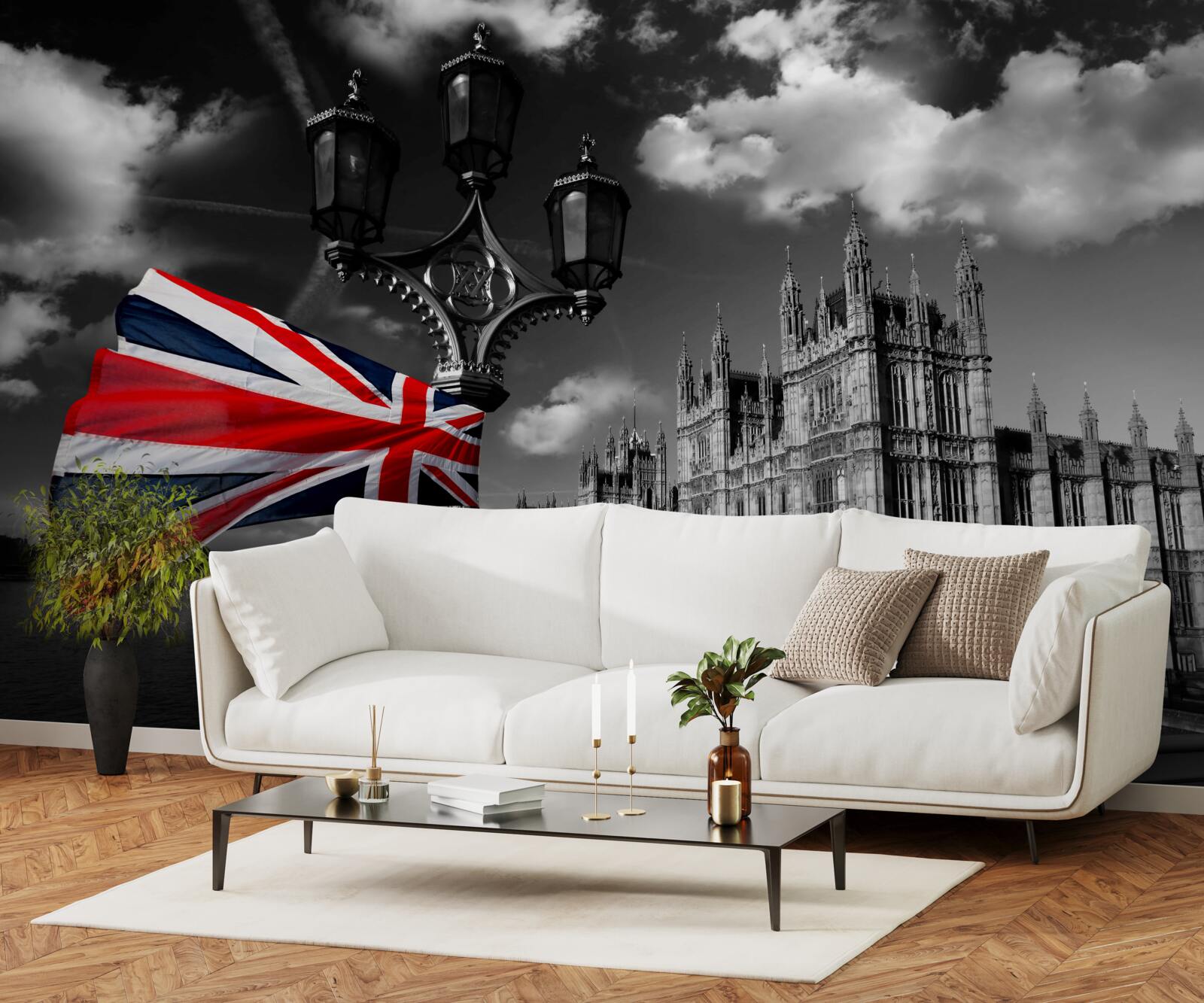 Fototapet silueta orașului pe fundalul drapelului englez