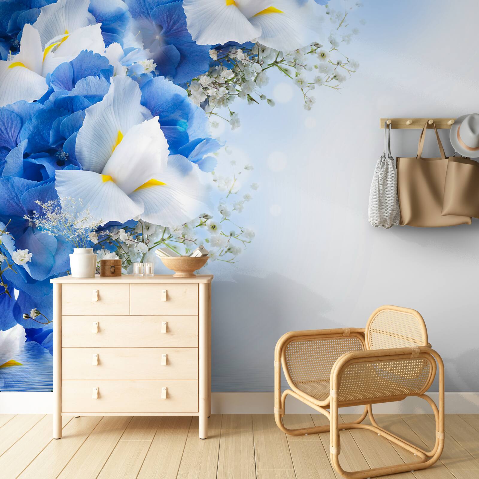 Fototapet vopsea albastră și muguri albi lângă iaz