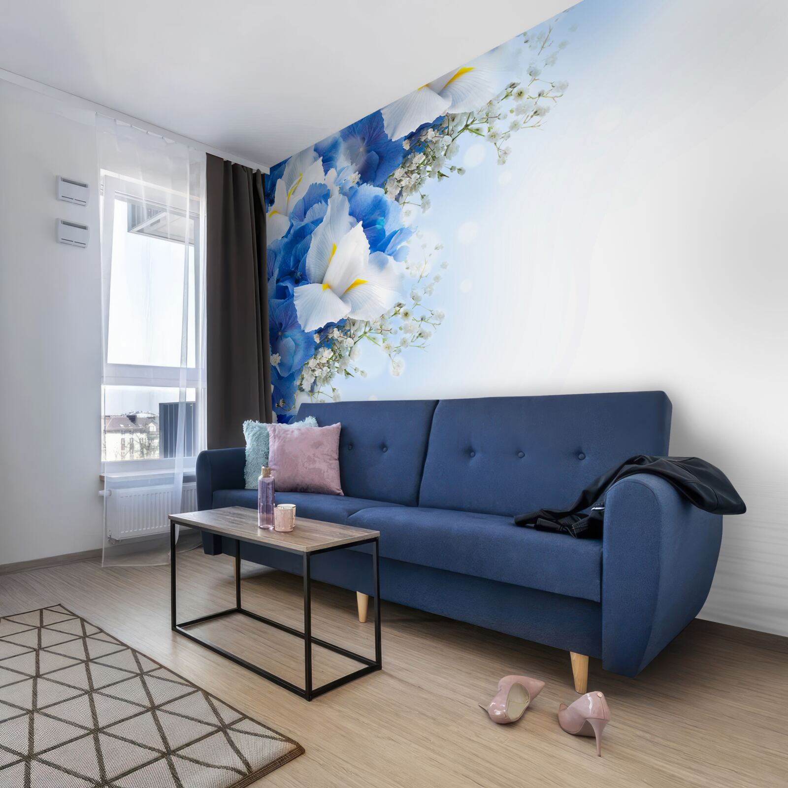 Fototapet vopsea albastră și muguri albi lângă iaz