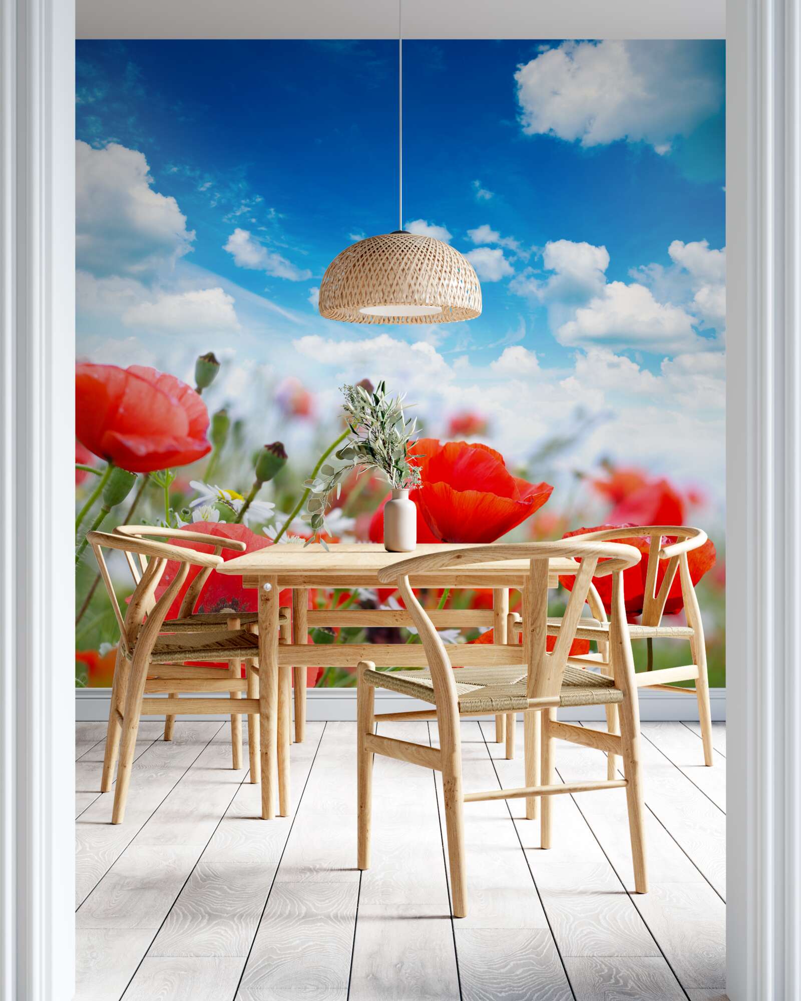 Fototapet o pajiște presărată cu maci roșii și margarete albe