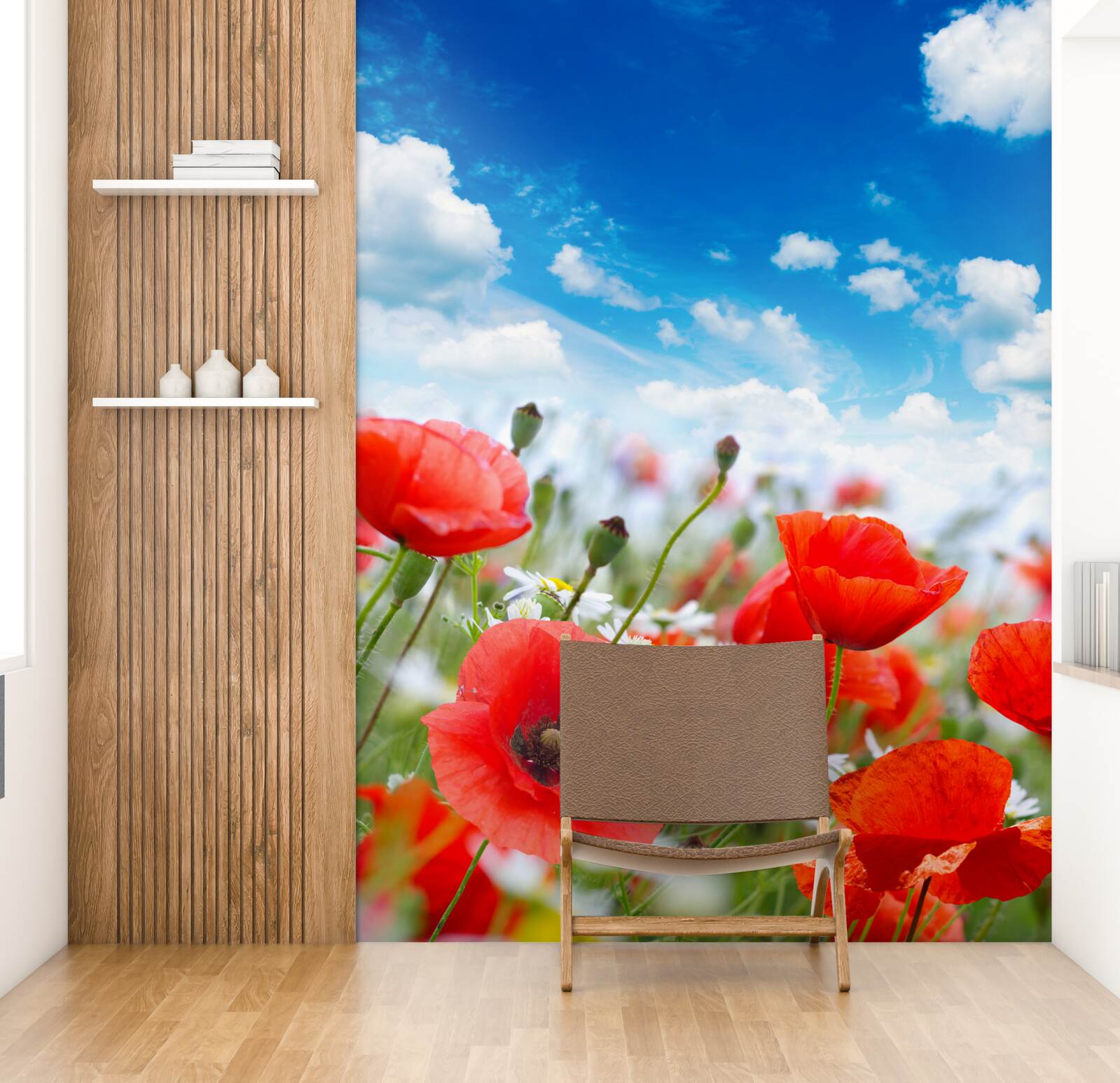 Fototapet o pajiște presărată cu maci roșii și margarete albe