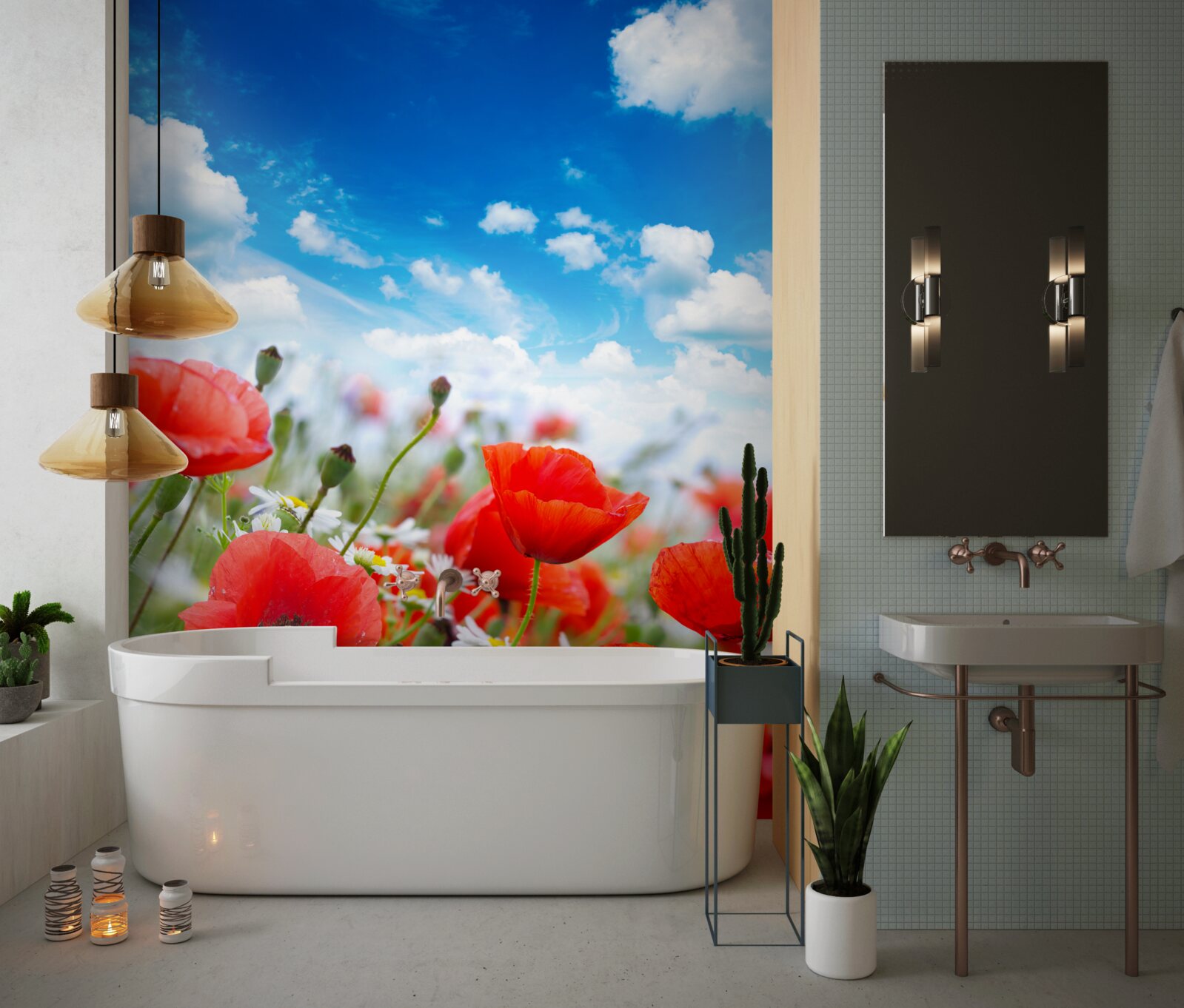 Fototapet o pajiște presărată cu maci roșii și margarete albe