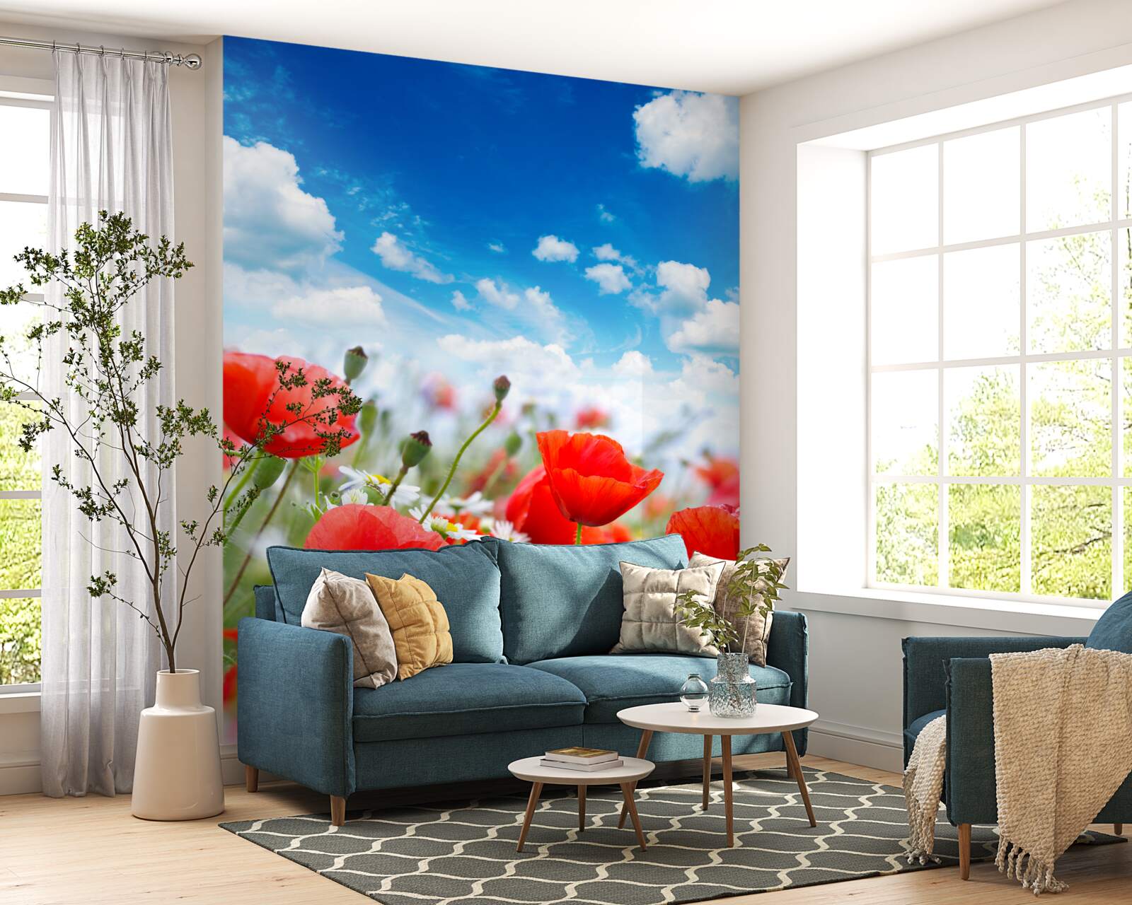 Fototapet o pajiște presărată cu maci roșii și margarete albe