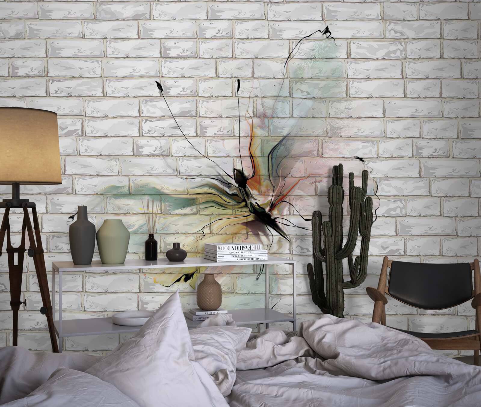 Fototapet fluture în stil abstract pe un perete alb