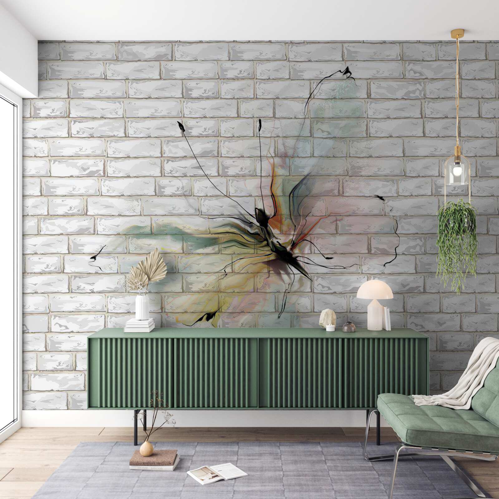 Fototapet fluture în stil abstract pe un perete alb