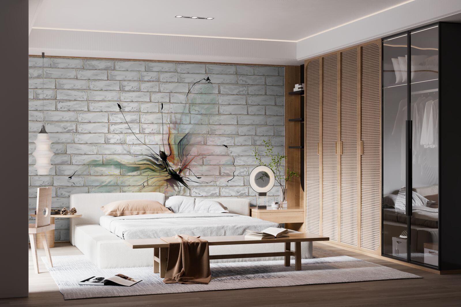 Fototapet fluture în stil abstract pe un perete alb