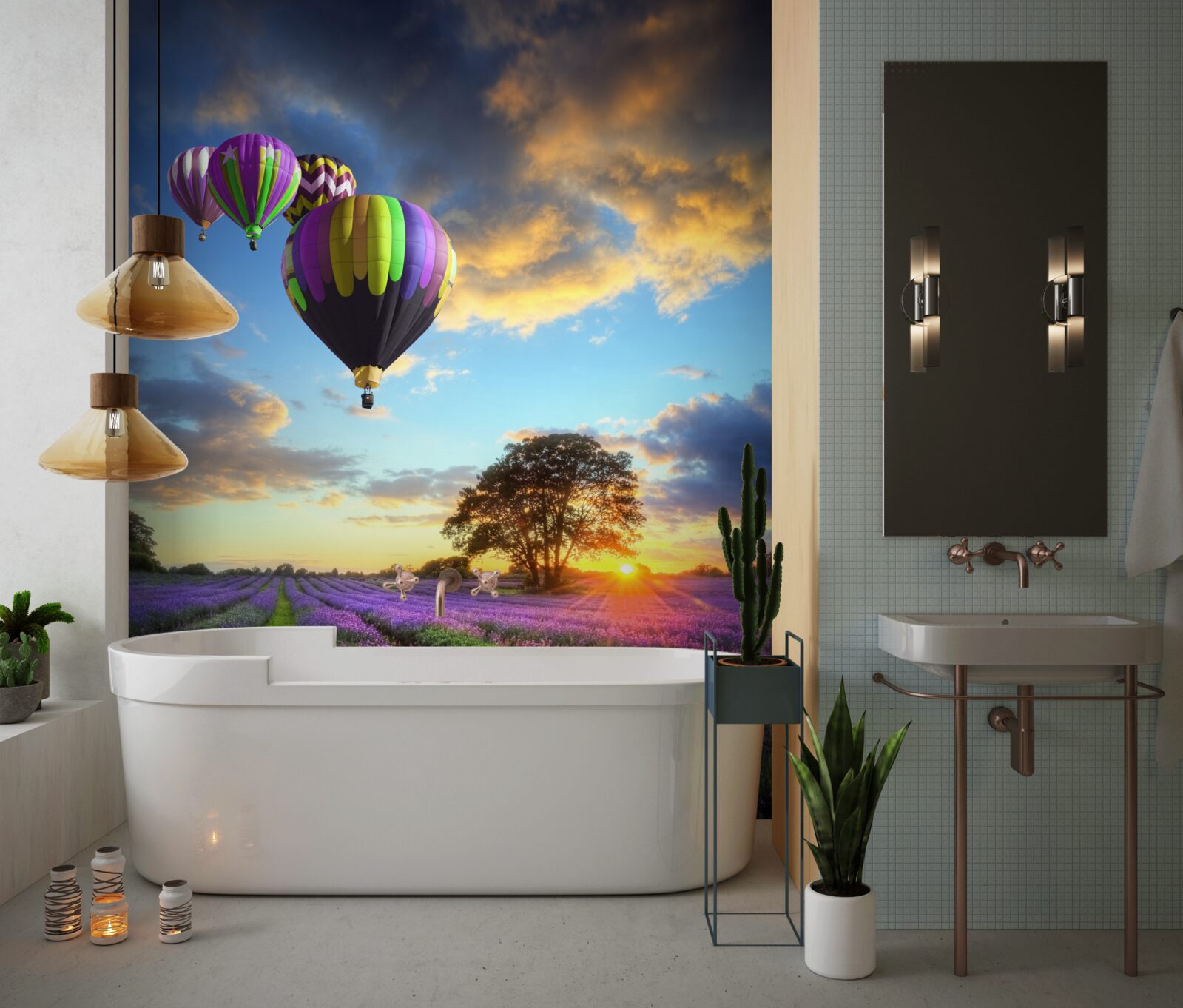 Fototapet un balon cu aer cald luminos plutind deasupra unui câmp de lavandă
