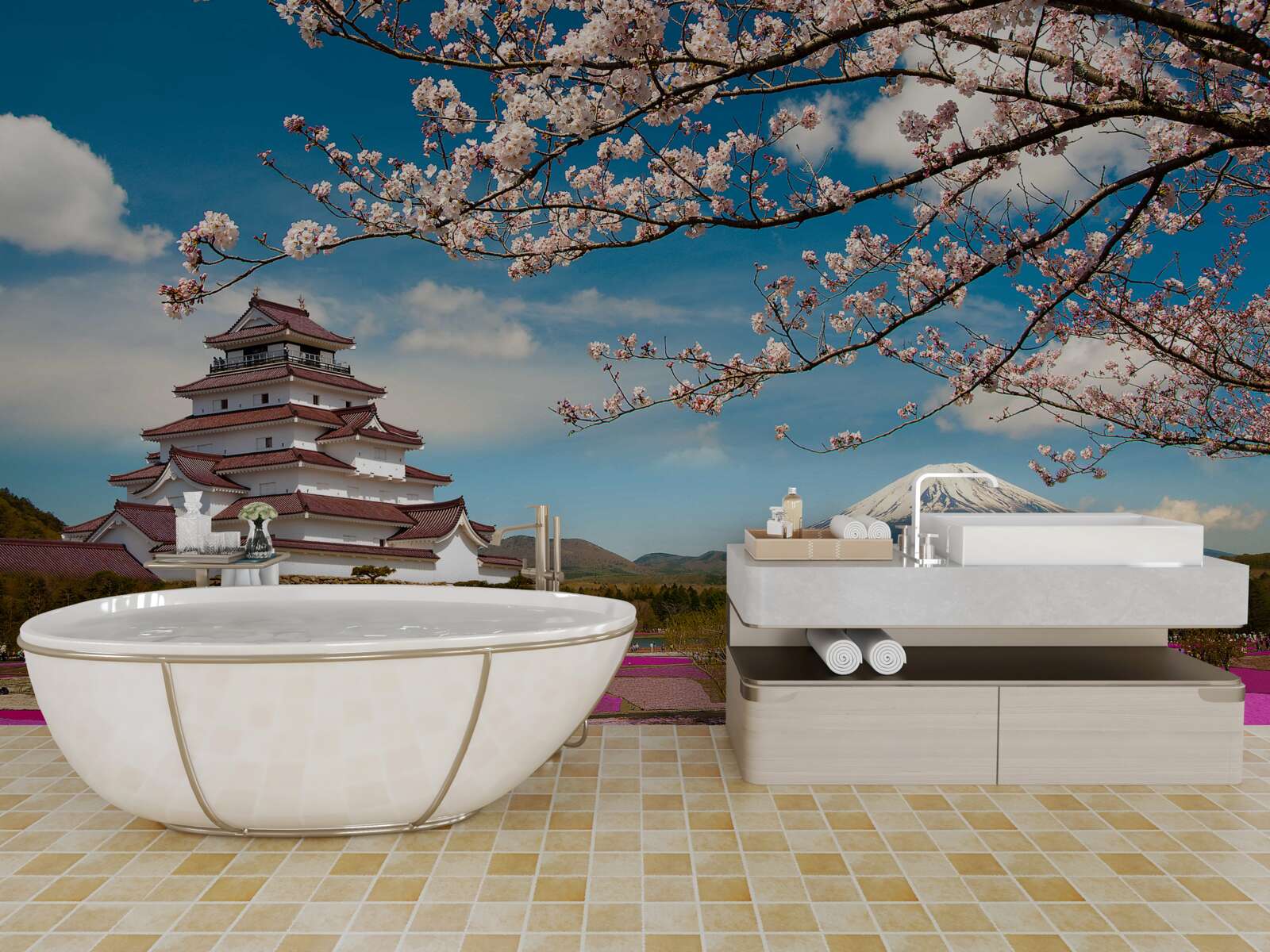 Fototapet lângă casa japoneză există grădini luxuriante de lalele