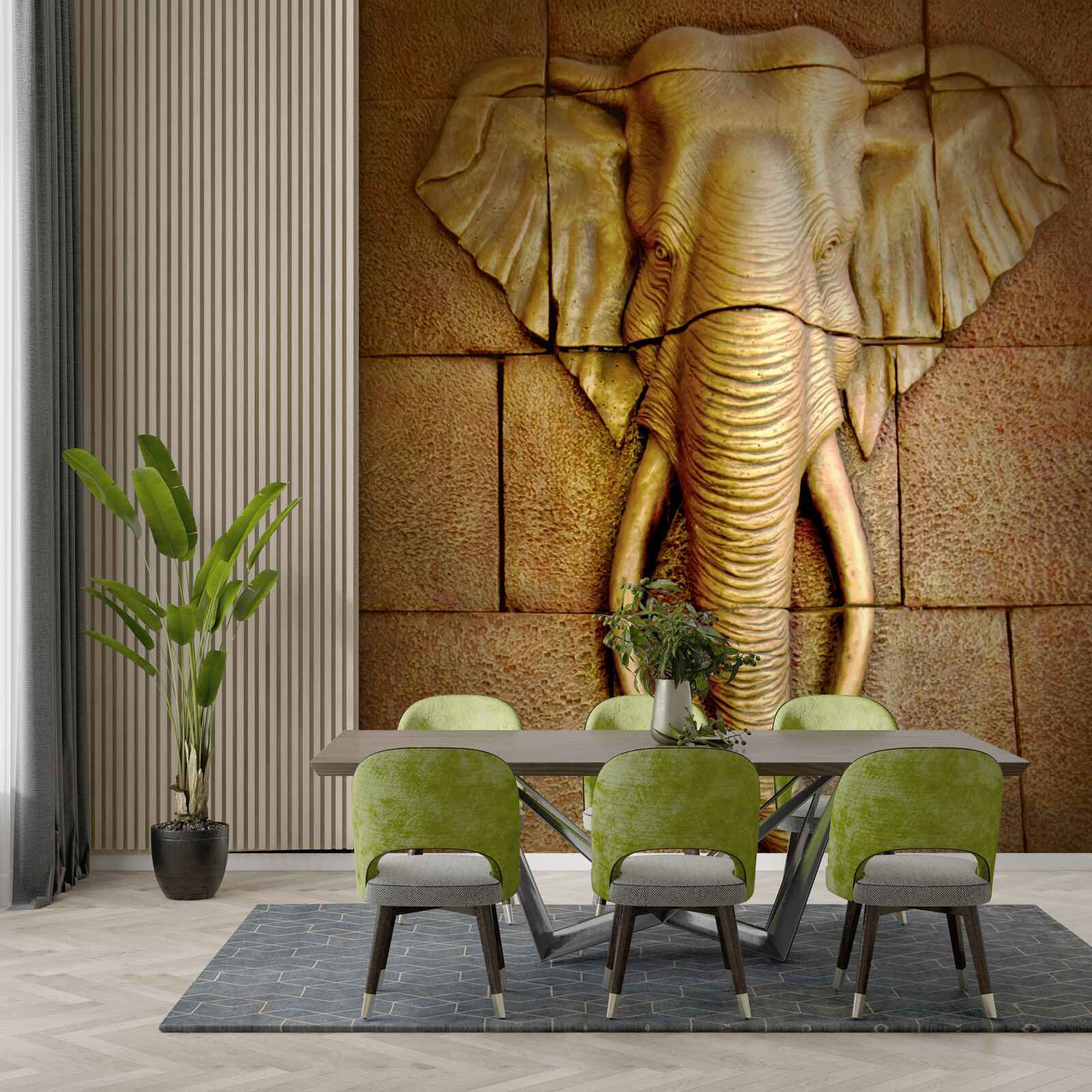 Fototapet imaginea unui elefant cu colți pe o suprafață de piatră