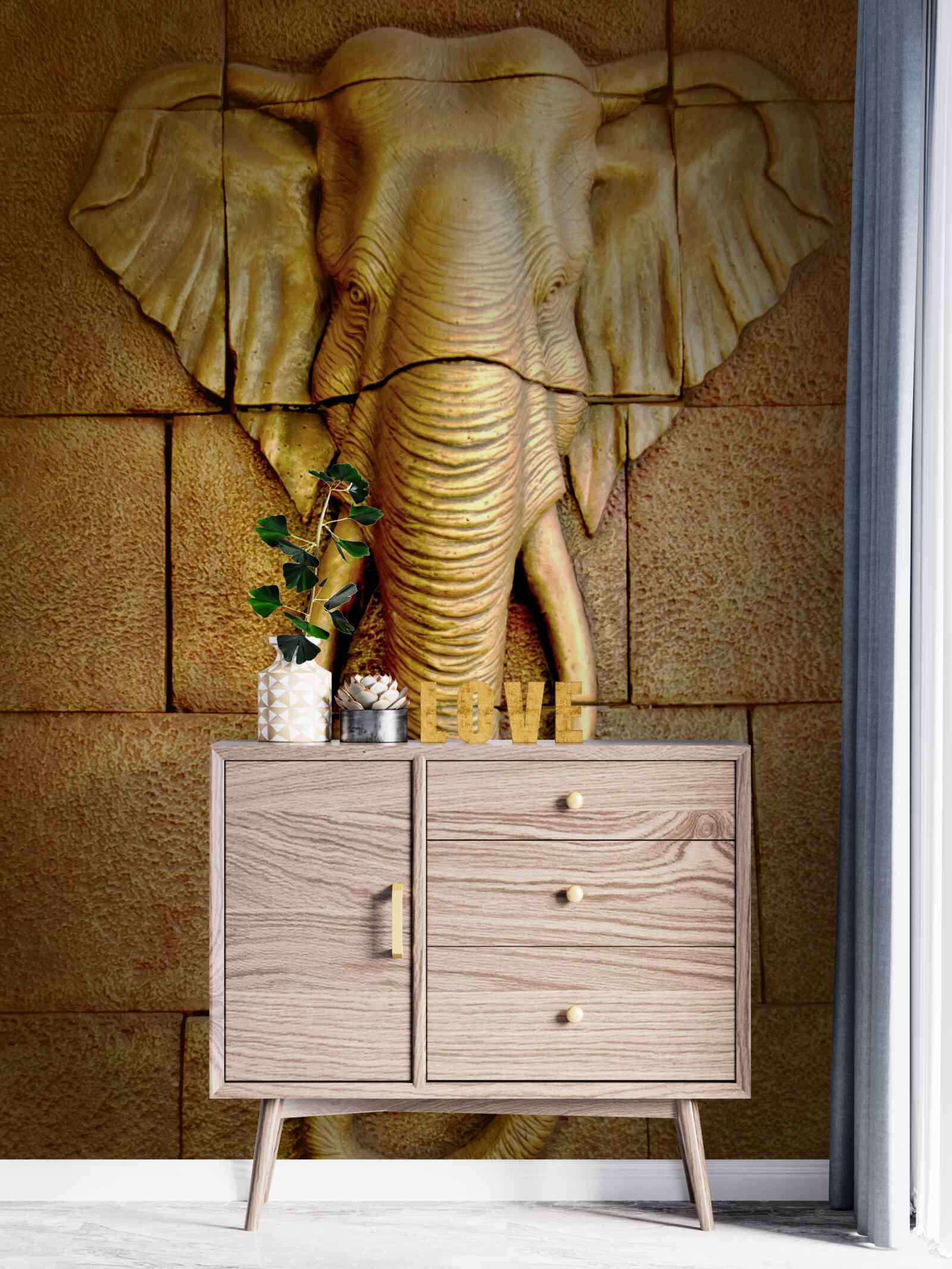 Fototapet imaginea unui elefant cu colți pe o suprafață de piatră