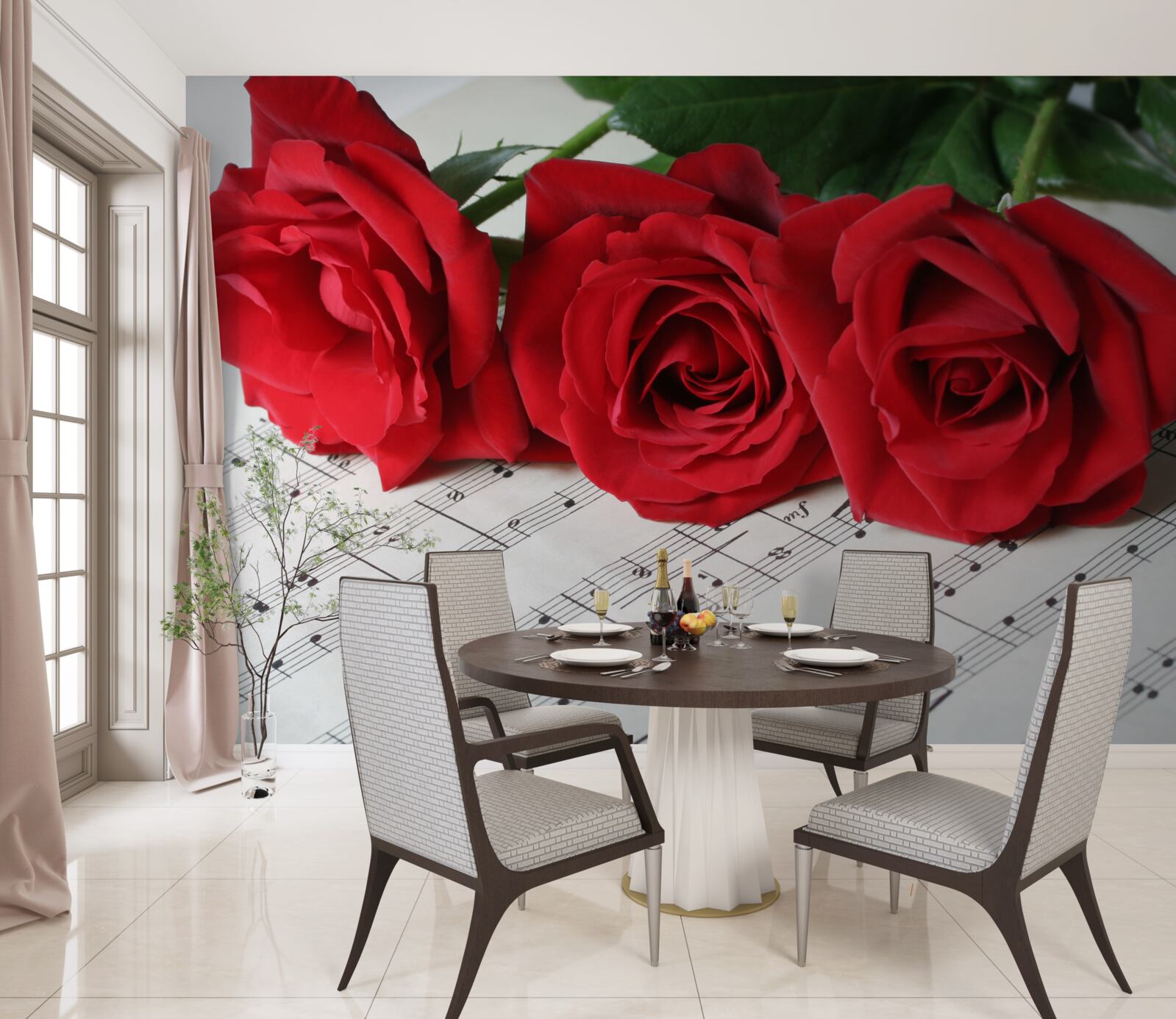 Fototapet trei trandafiri stacojii pe pagini cu note