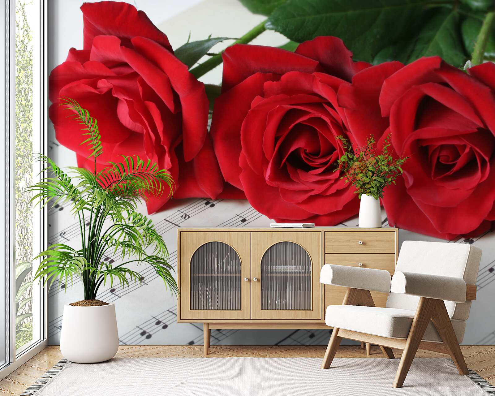 Fototapet trei trandafiri stacojii pe pagini cu note