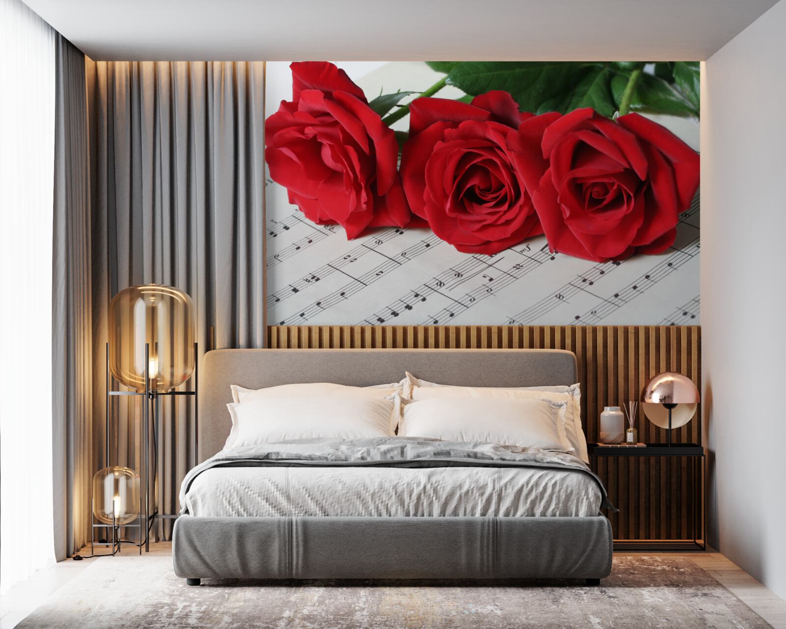 Fototapet trei trandafiri stacojii pe pagini cu note