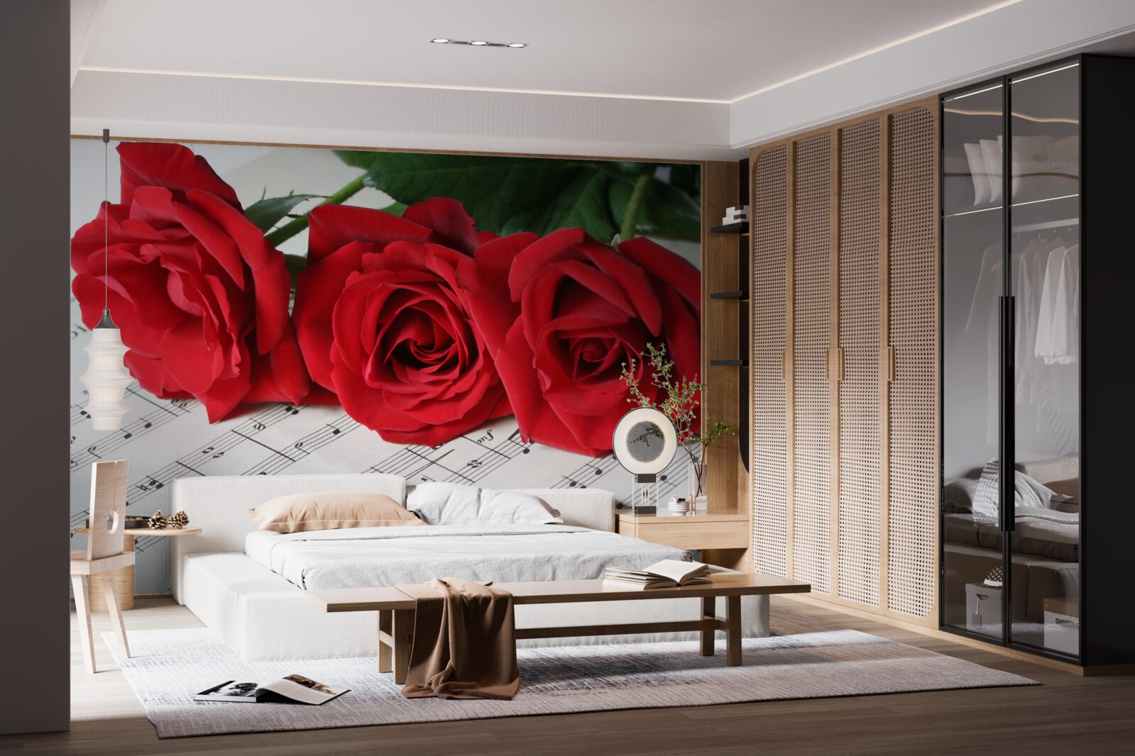 Fototapet trei trandafiri stacojii pe pagini cu note