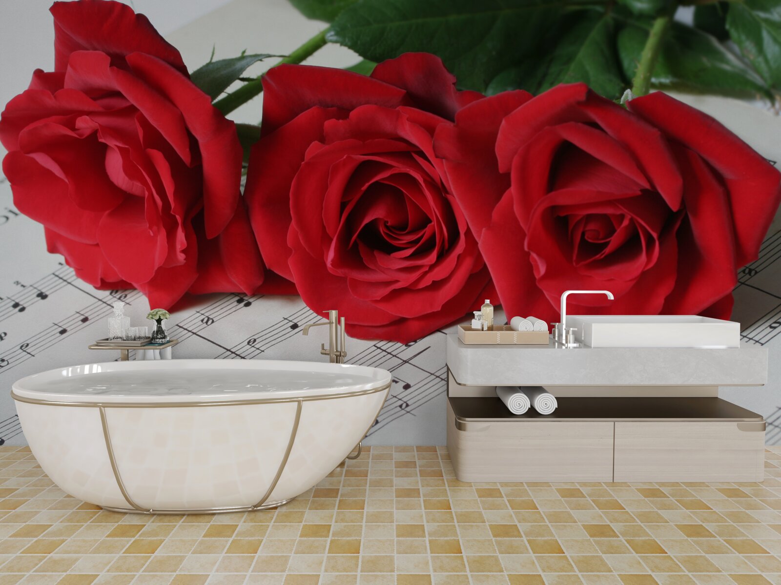 Fototapet trei trandafiri stacojii pe pagini cu note