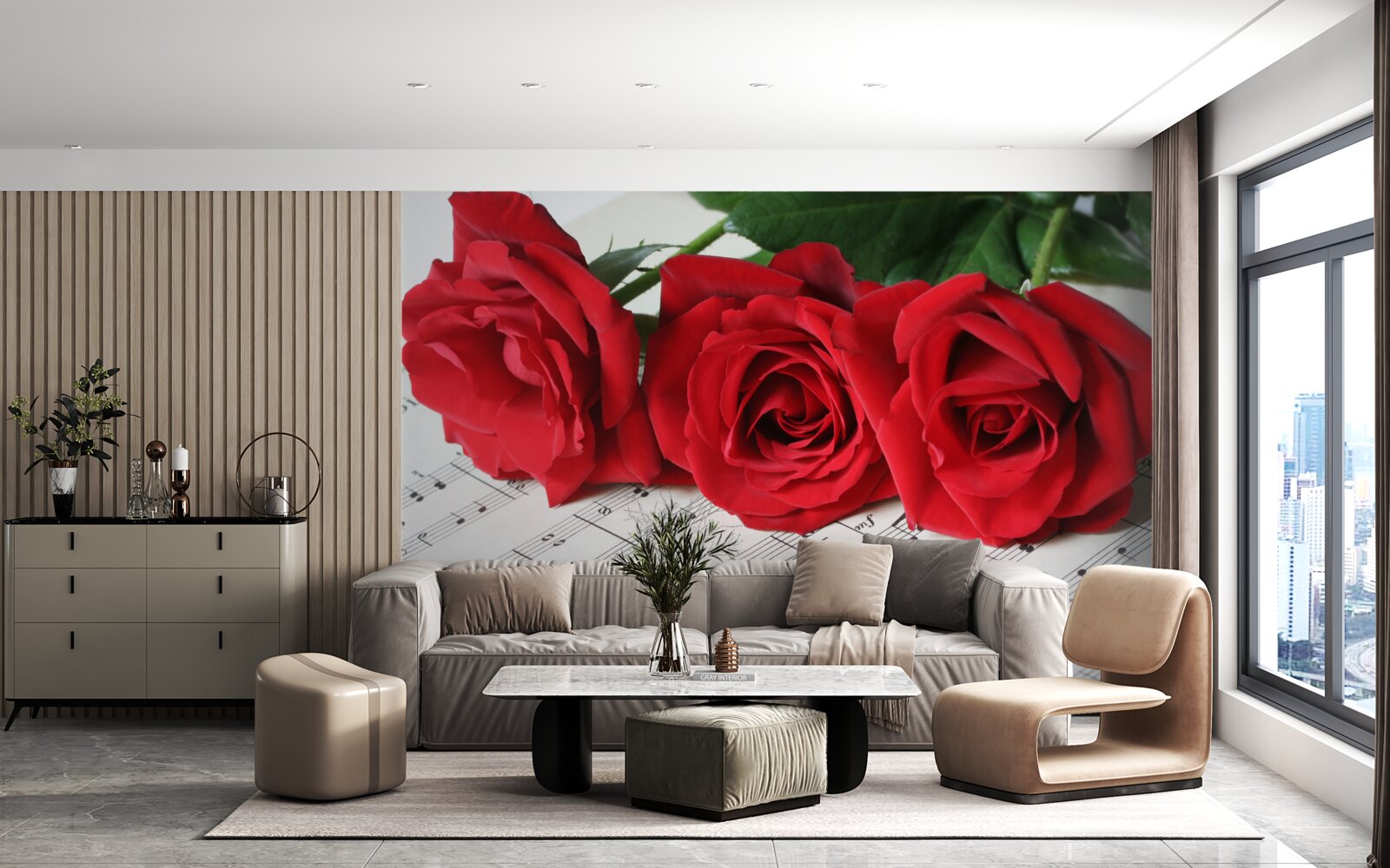 Fototapet trei trandafiri stacojii pe pagini cu note