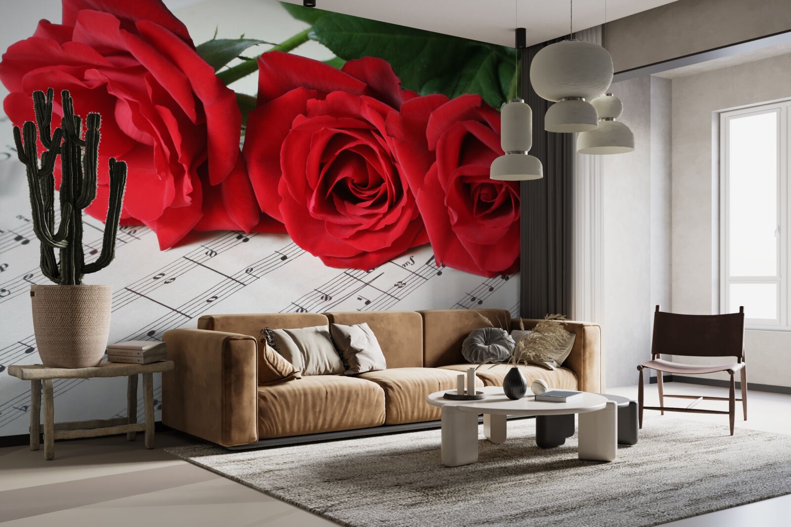 Fototapet trei trandafiri stacojii pe pagini cu note