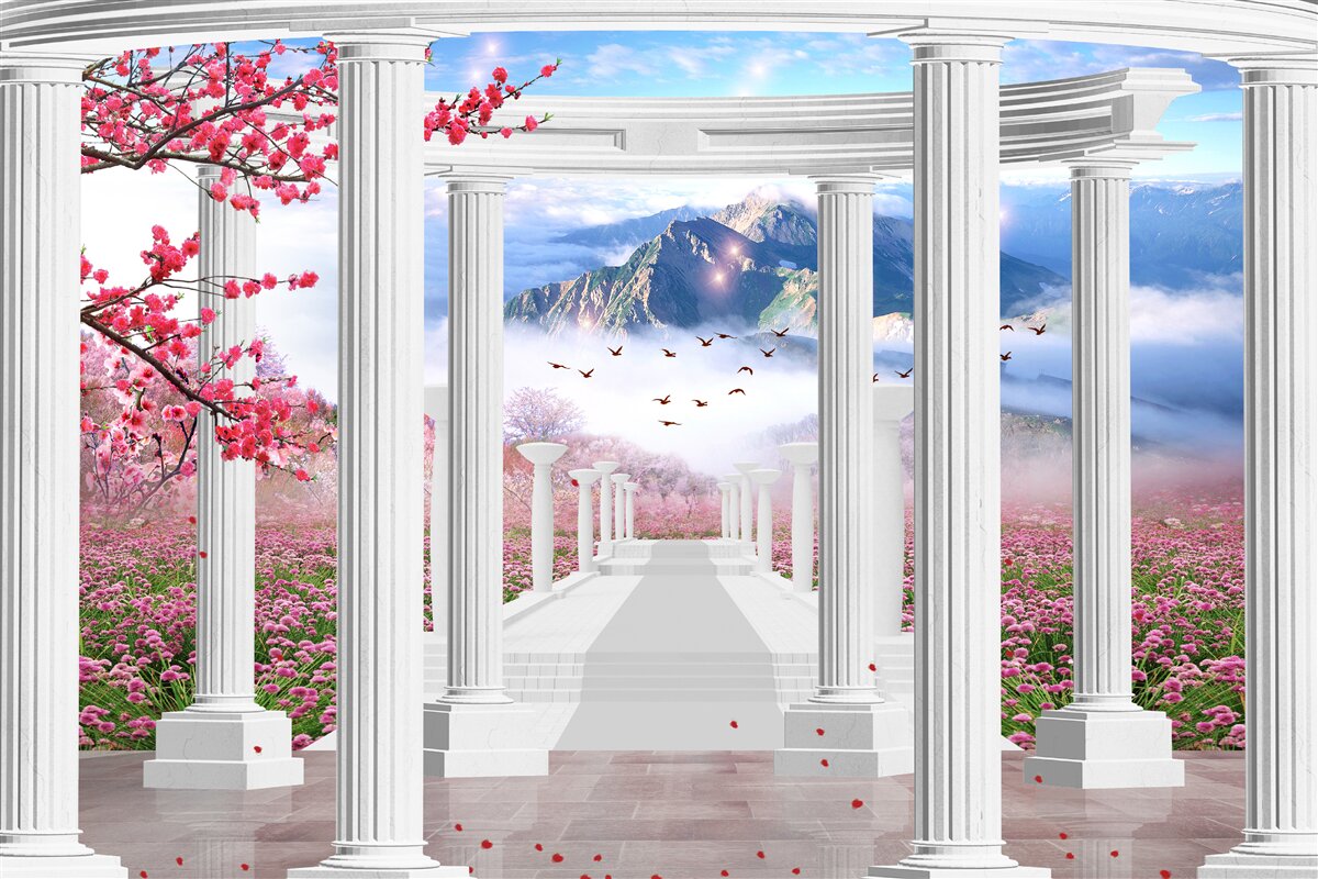 Fototapet grădină înflorită și foișor alb ca zăpada