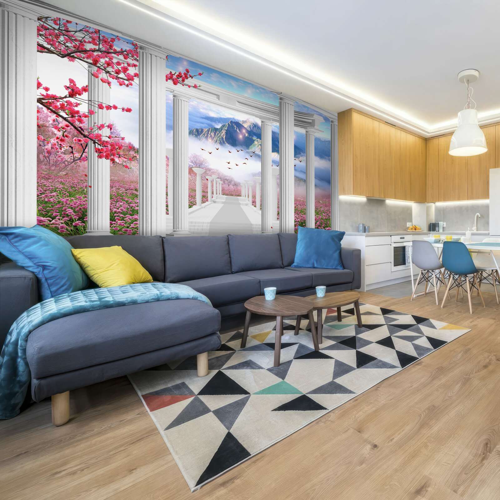 Fototapet grădină înflorită și foișor alb ca zăpada