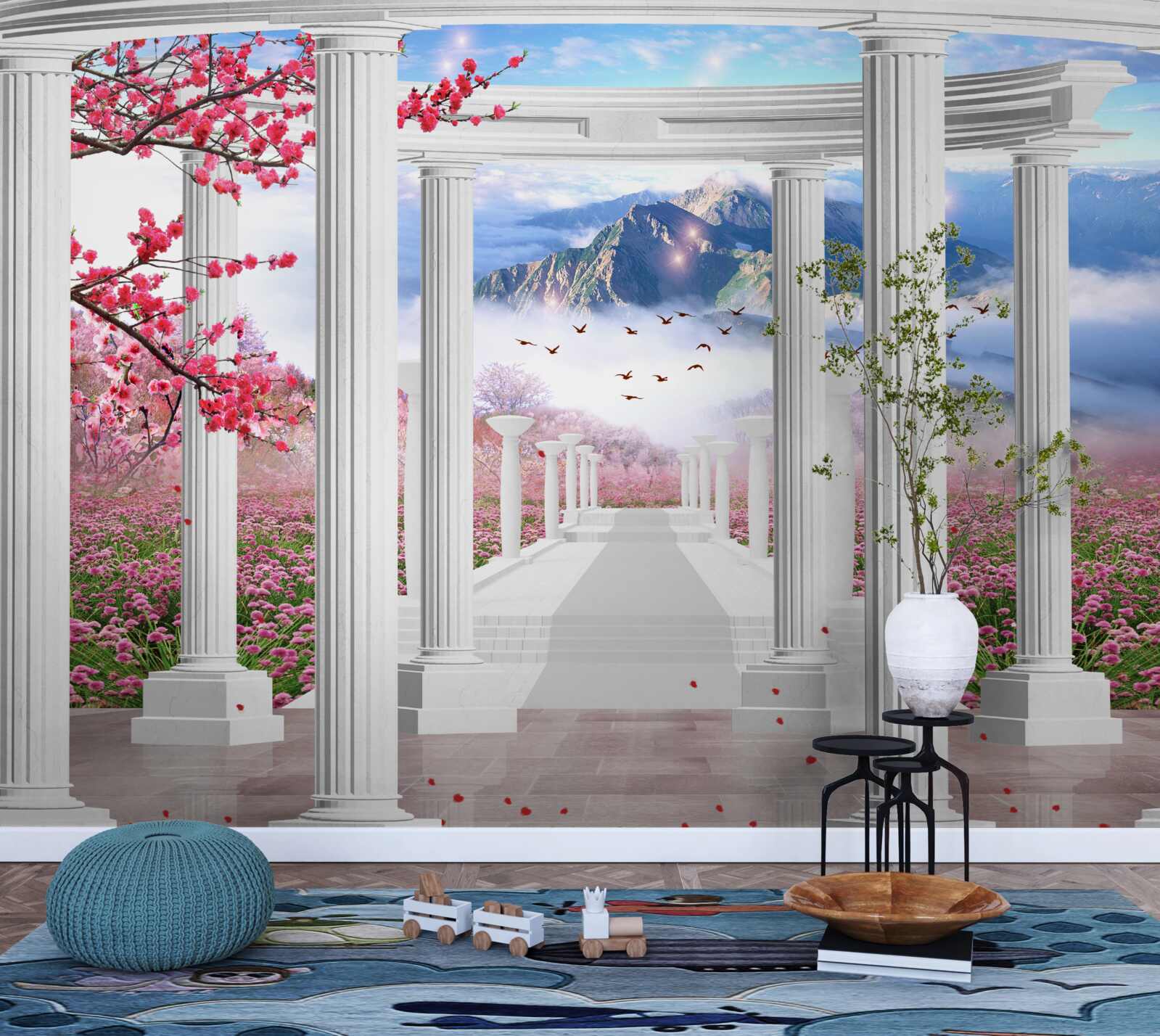 Fototapet grădină înflorită și foișor alb ca zăpada