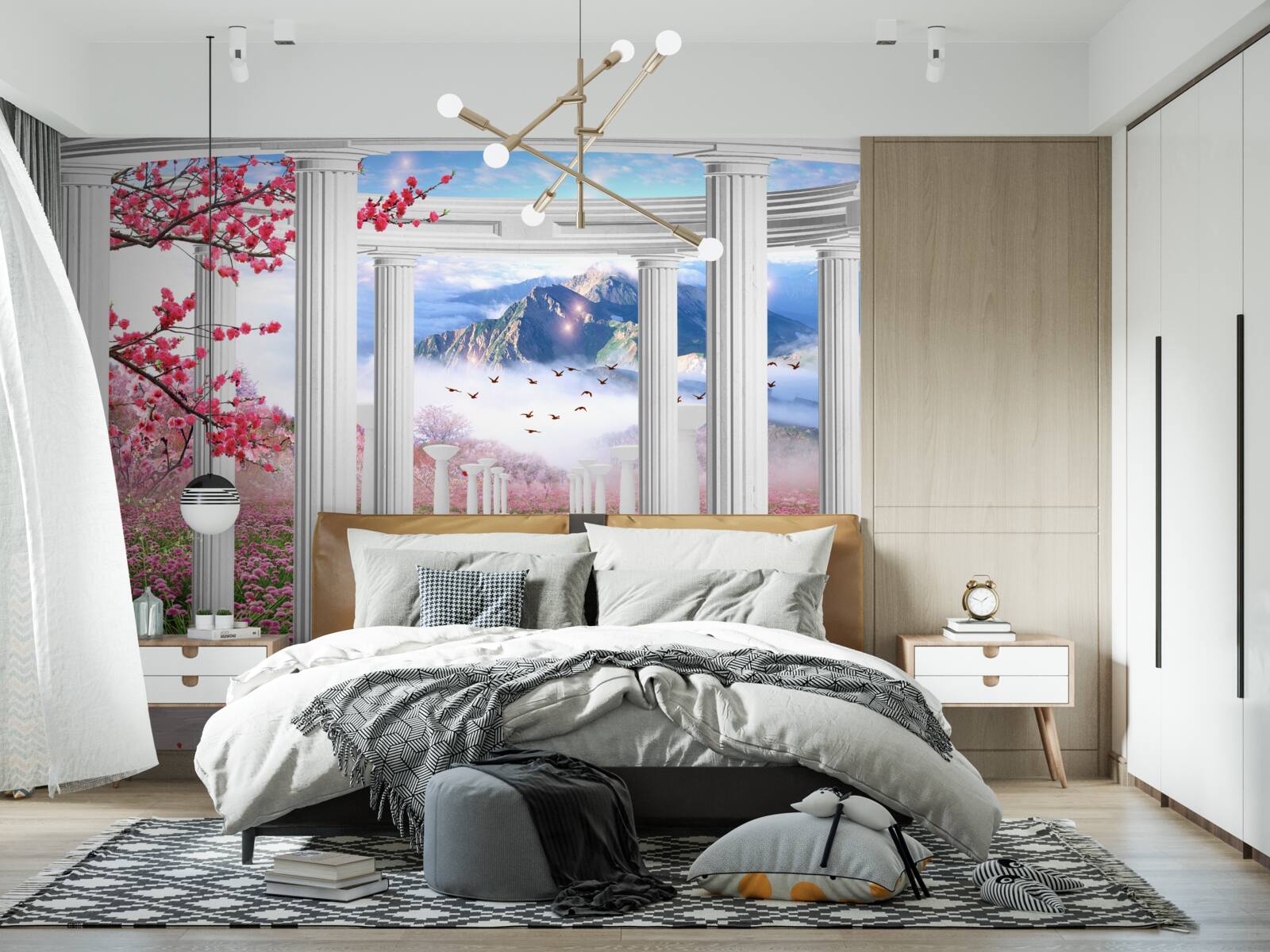 Fototapet grădină înflorită și foișor alb ca zăpada