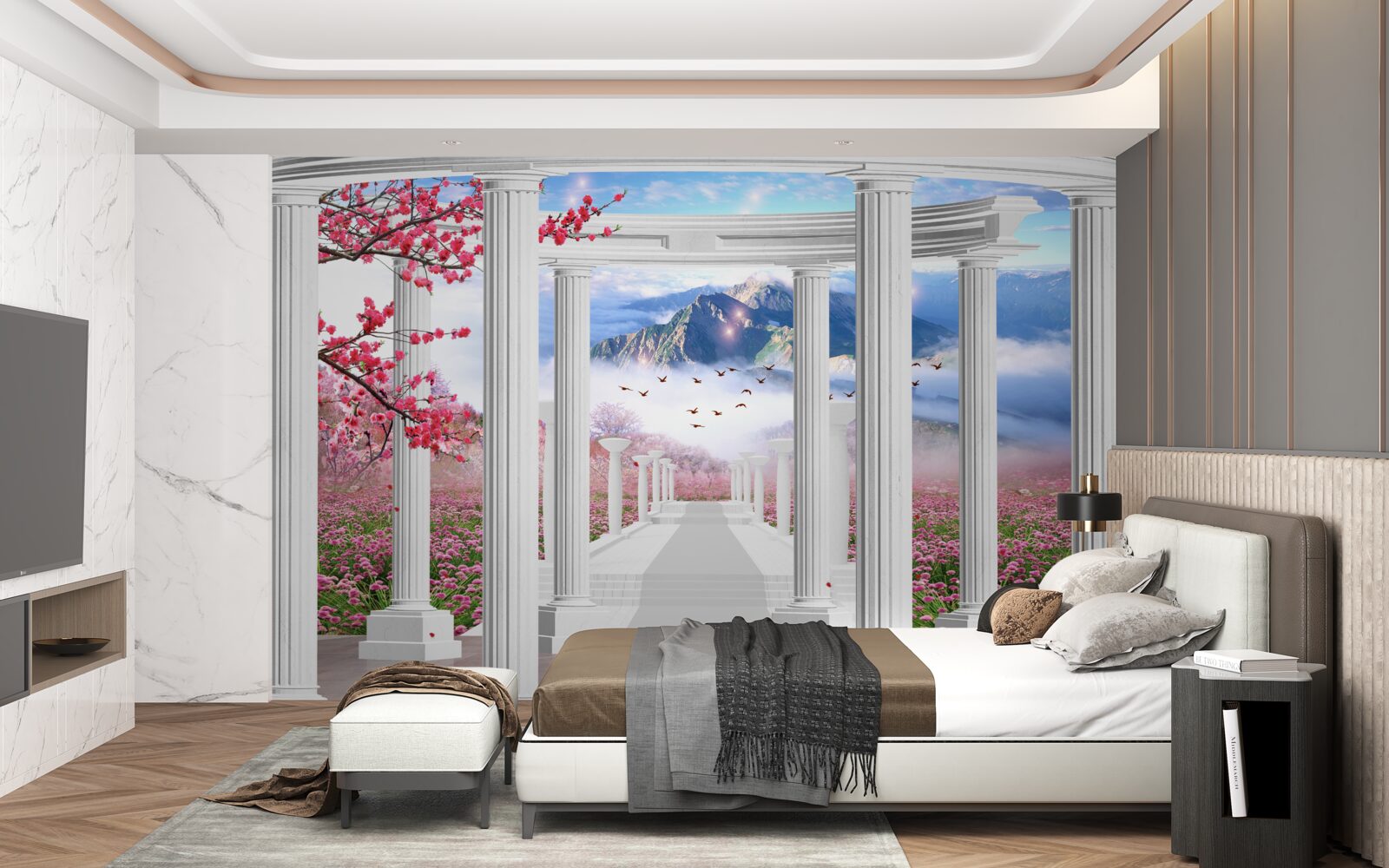 Fototapet grădină înflorită și foișor alb ca zăpada