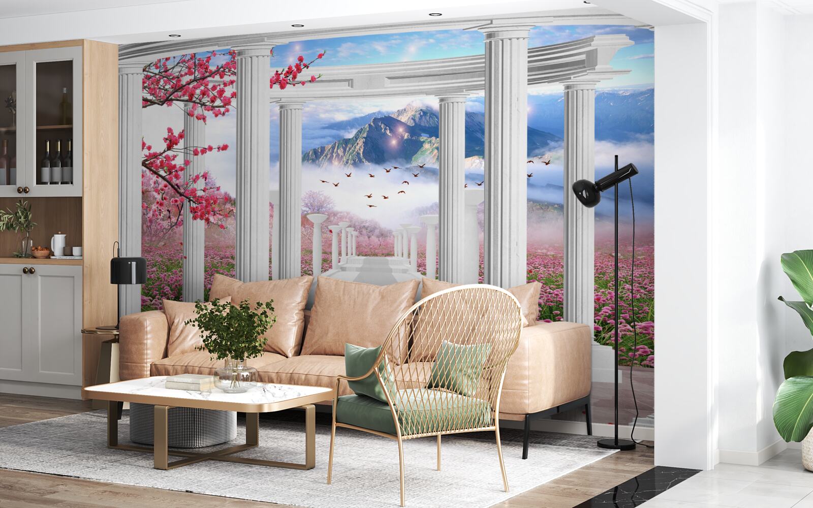 Fototapet grădină înflorită și foișor alb ca zăpada