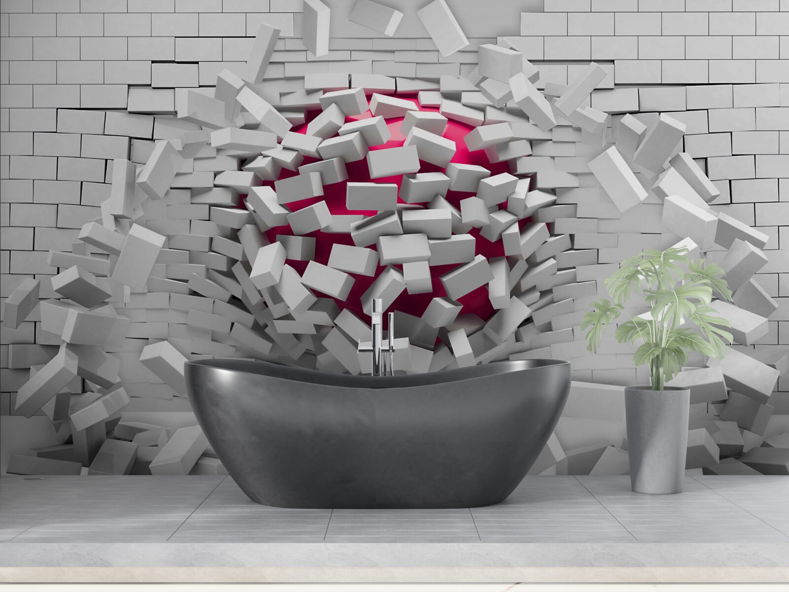 Fototapet mingea scarlet distruge zidul de cărămidă