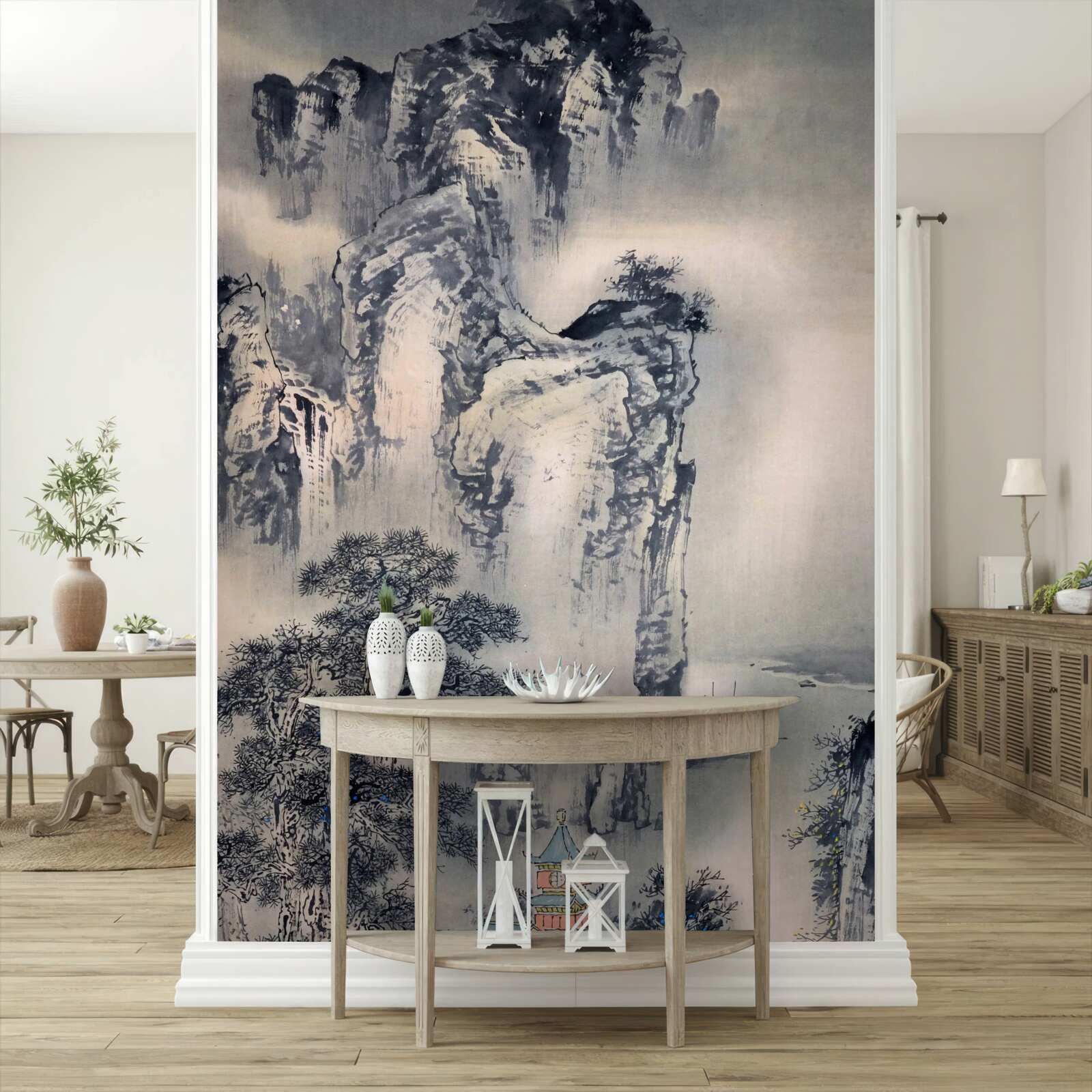 Fototapet copacii înalți și munții sunt abstracțiuni