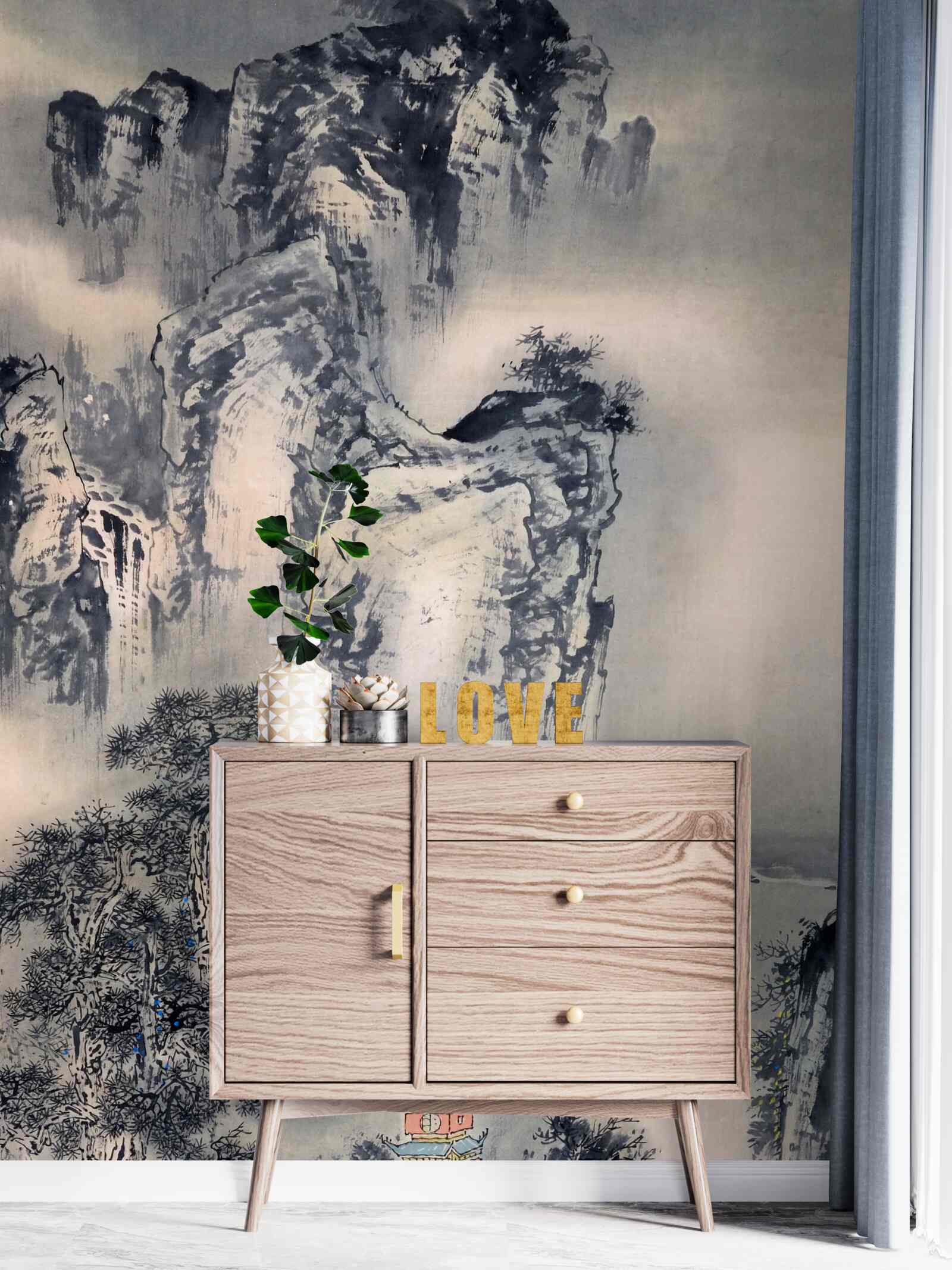 Fototapet copacii înalți și munții sunt abstracțiuni