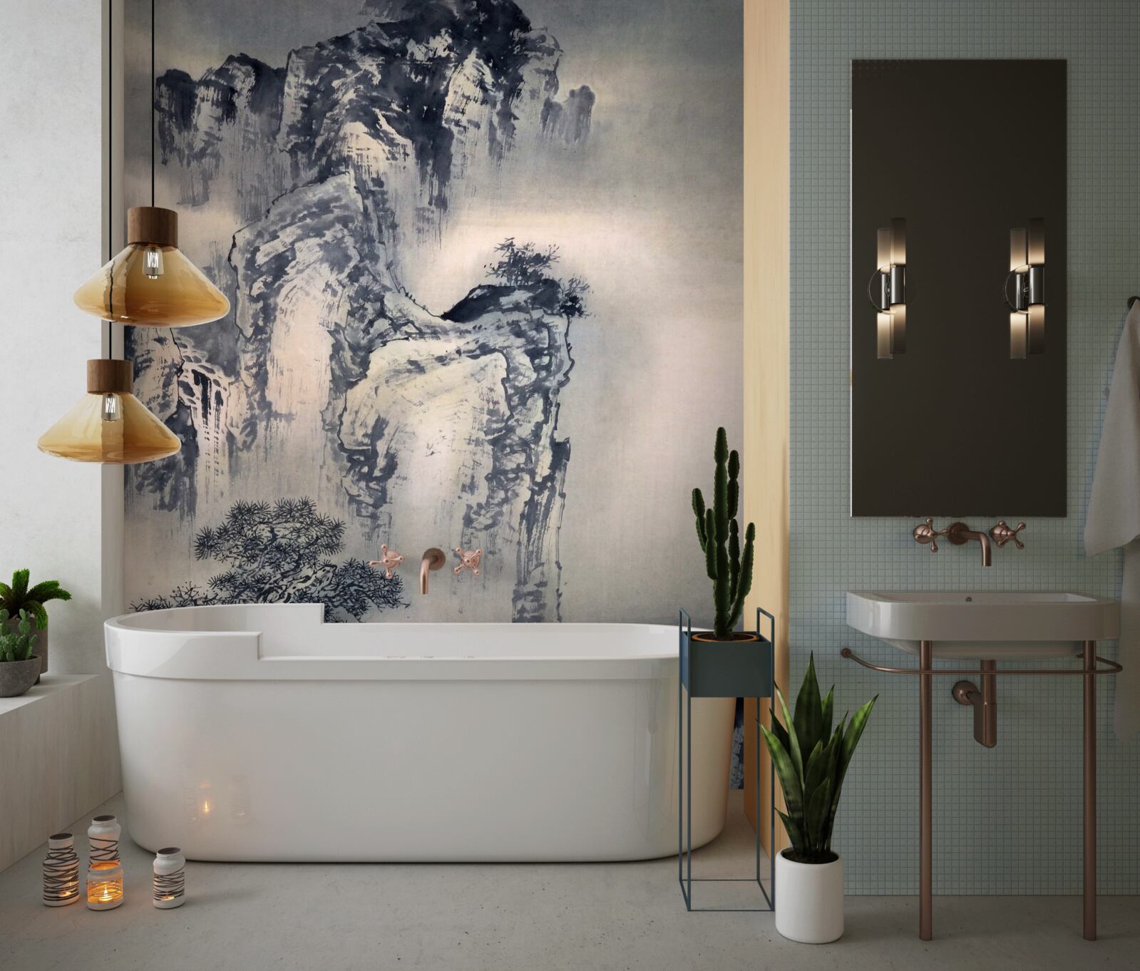 Fototapet copacii înalți și munții sunt abstracțiuni