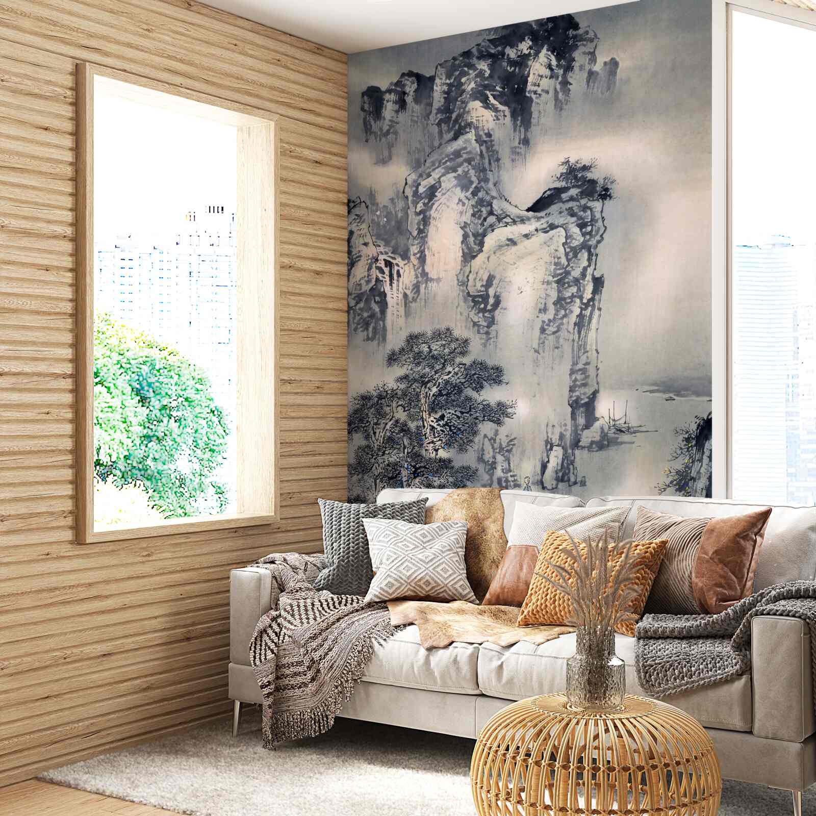 Fototapet copacii înalți și munții sunt abstracțiuni