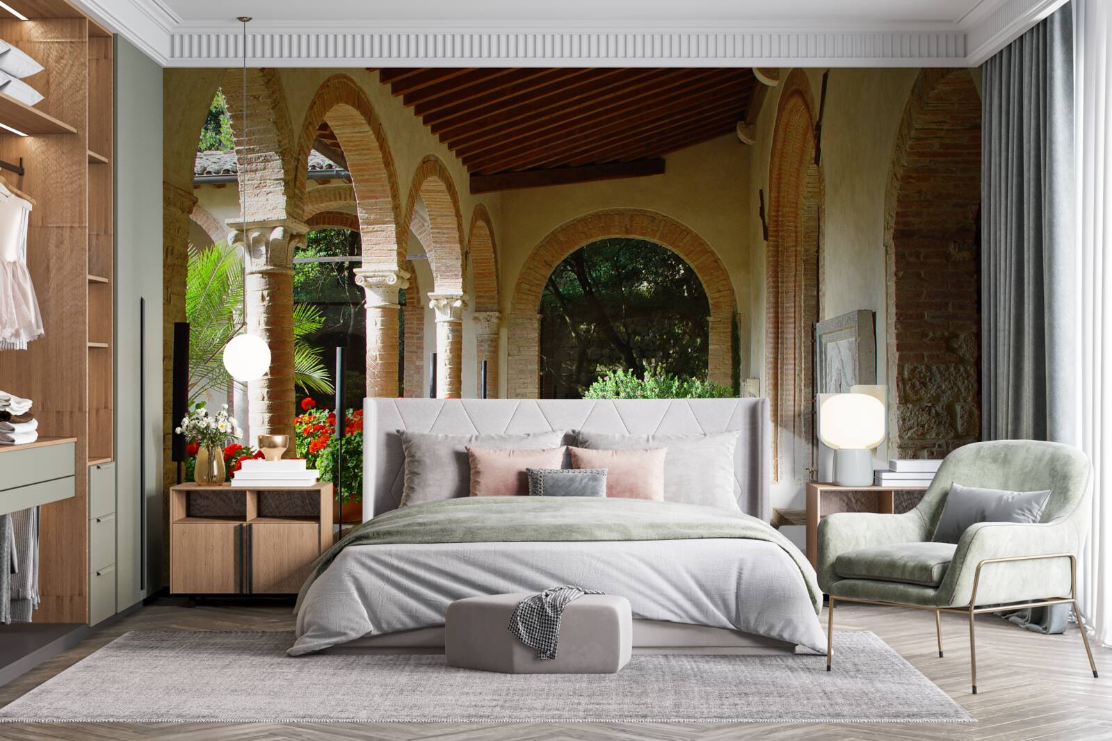 Fototapet arcuri de piatră rotunjite și flori la ghiveci