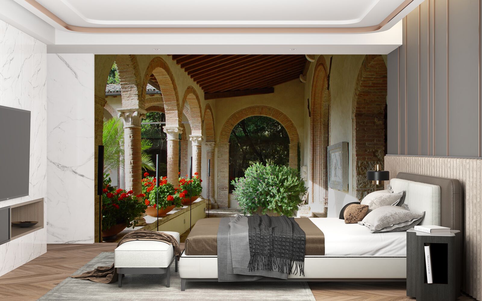 Fototapet arcuri de piatră rotunjite și flori la ghiveci