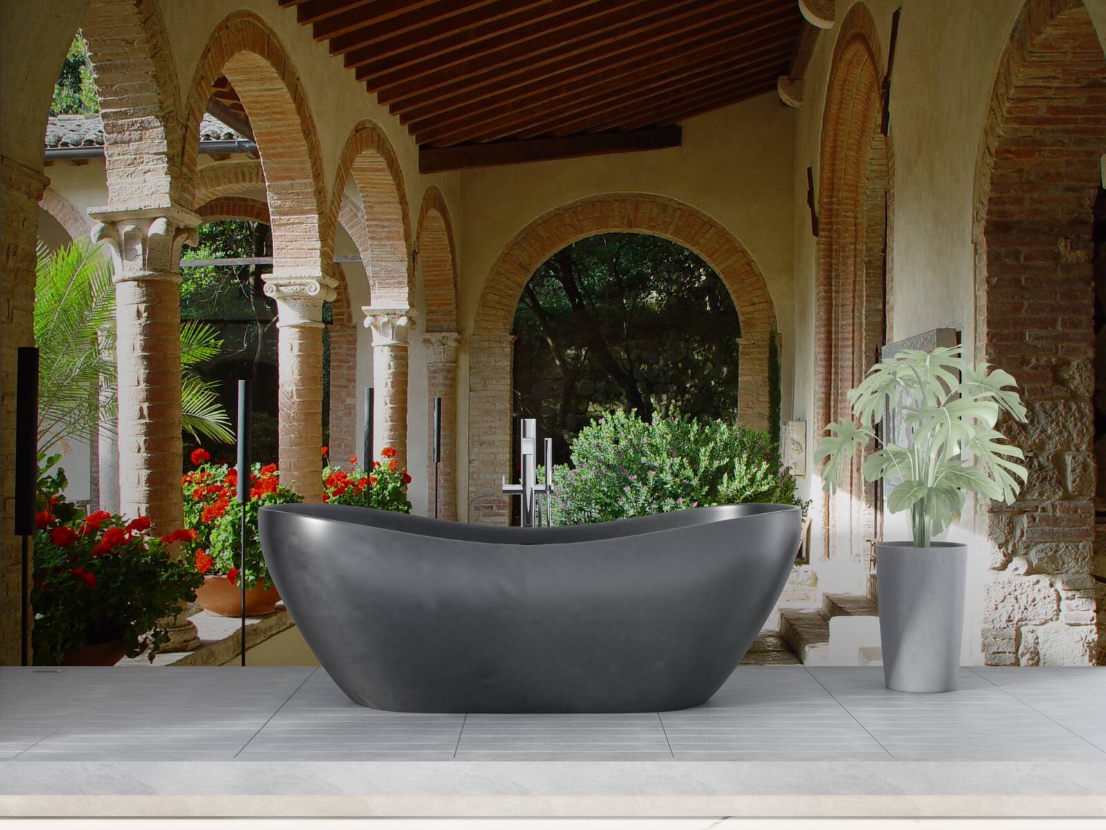 Fototapet arcuri de piatră rotunjite și flori la ghiveci