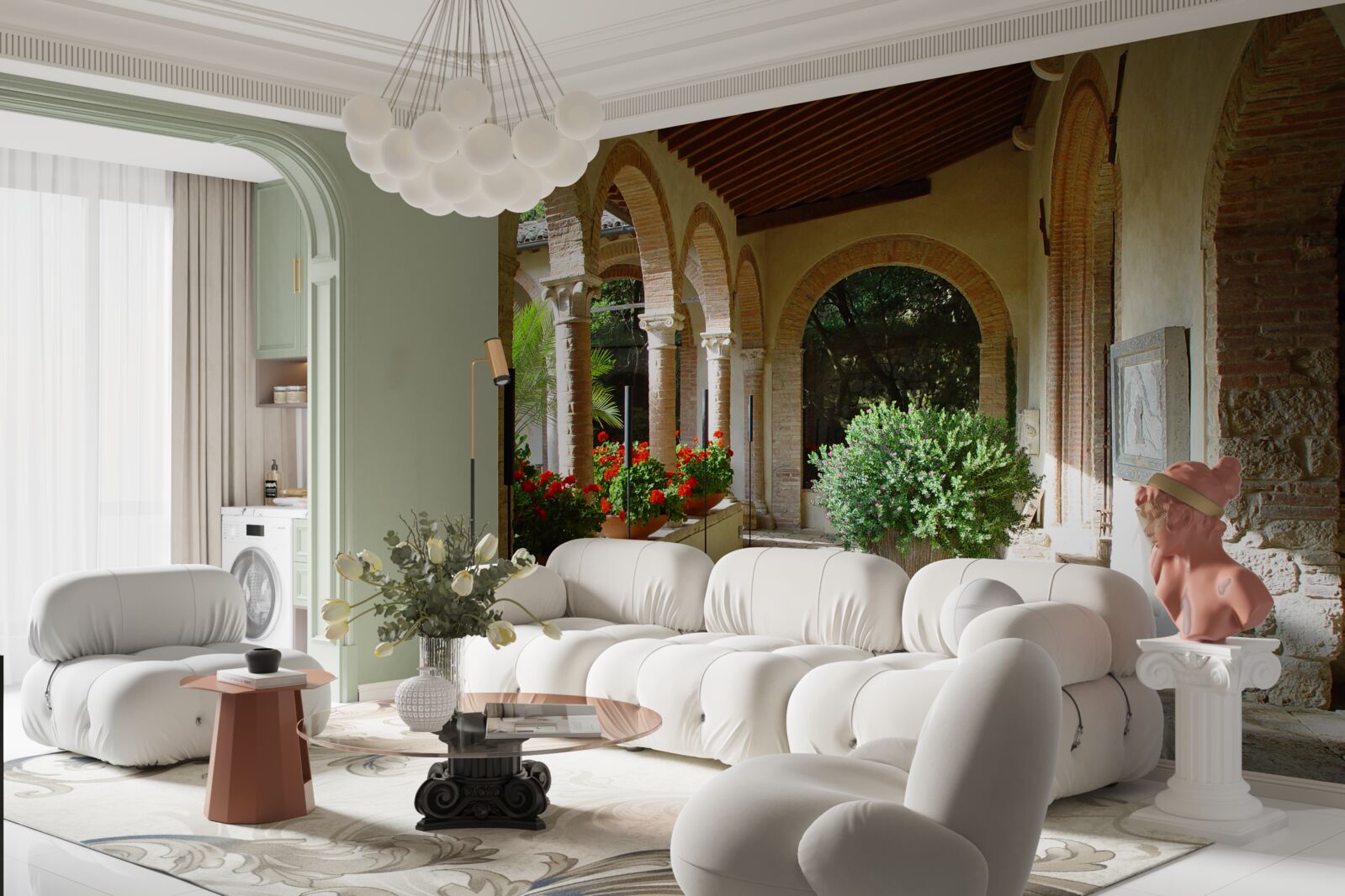 Fototapet arcuri de piatră rotunjite și flori la ghiveci