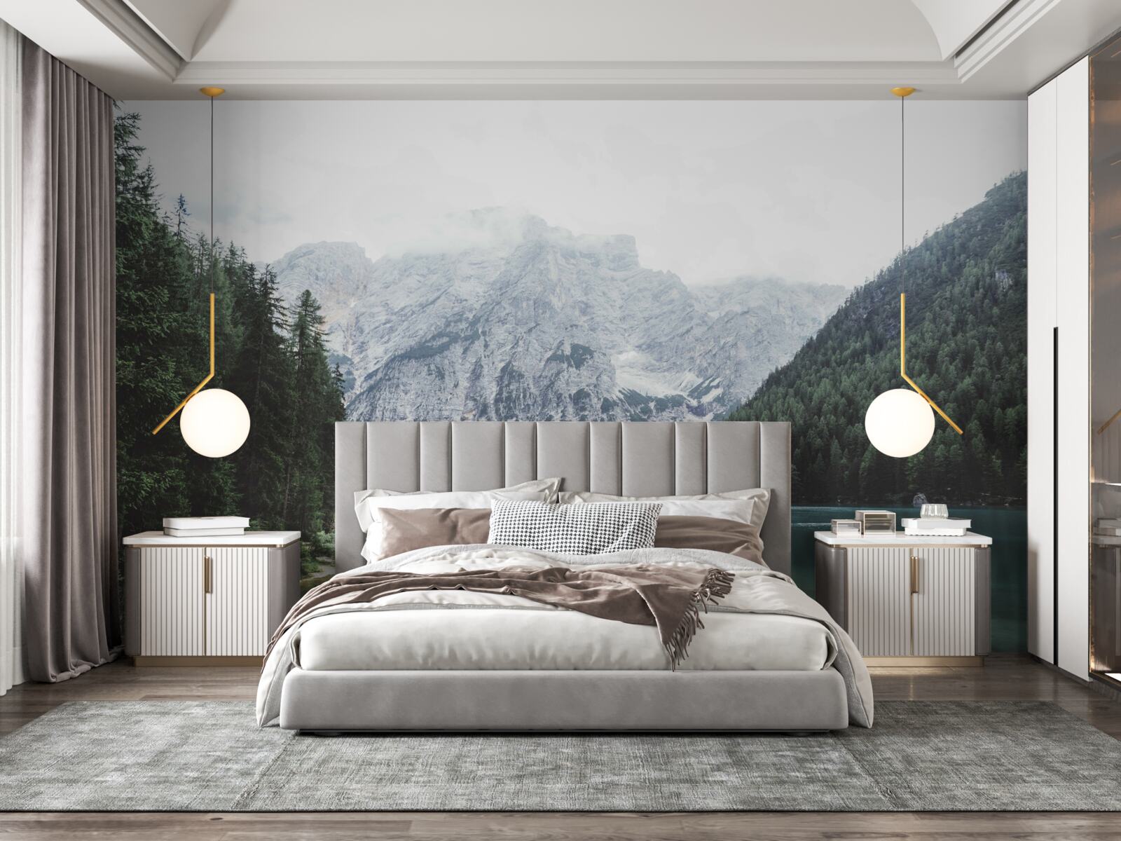 Fototapet râu liniștit în munți printre copaci conifere