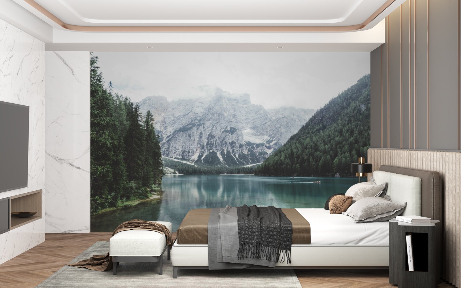 Fototapet râu liniștit în munți printre copaci conifere