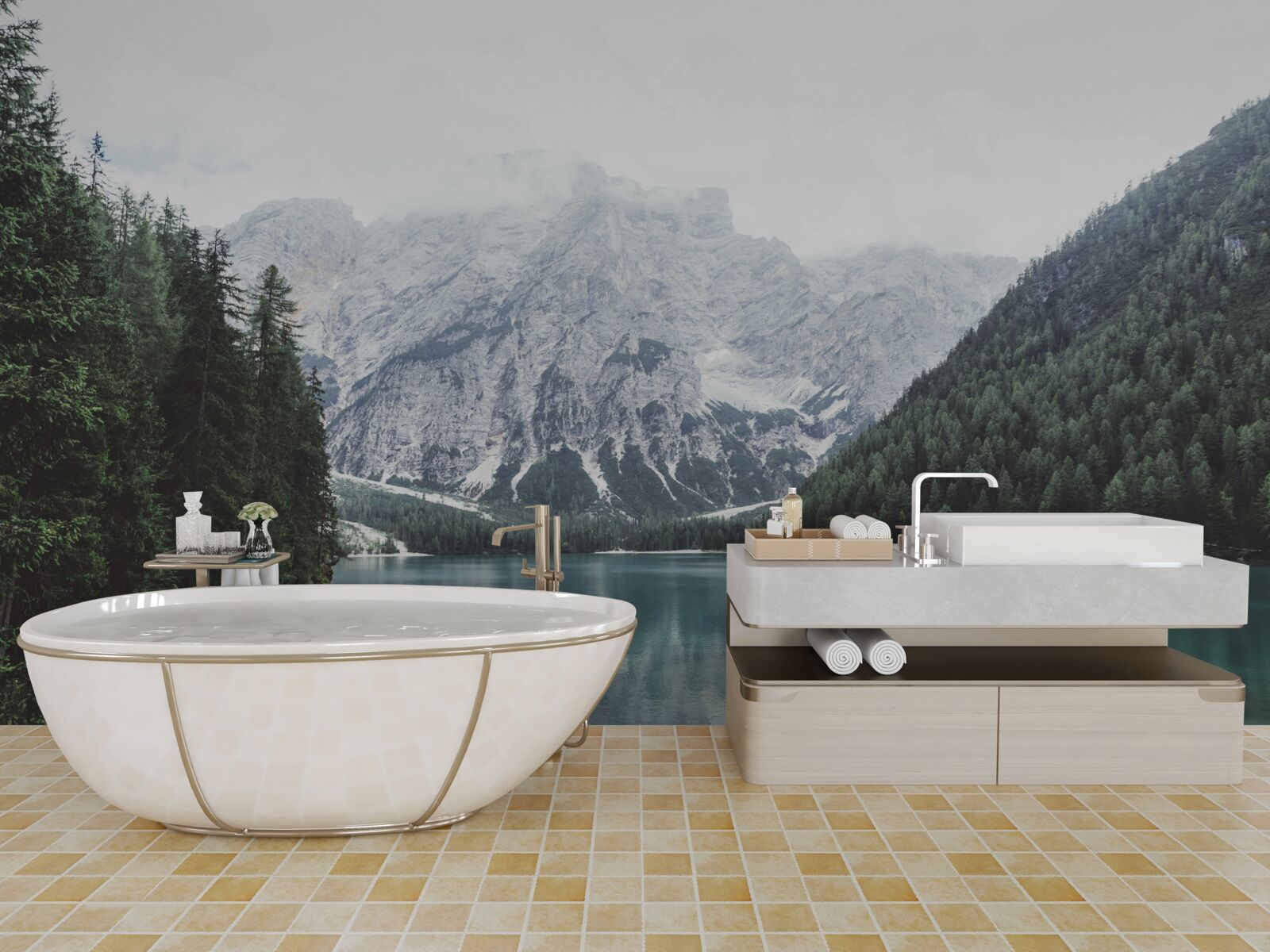 Fototapet râu liniștit în munți printre copaci conifere