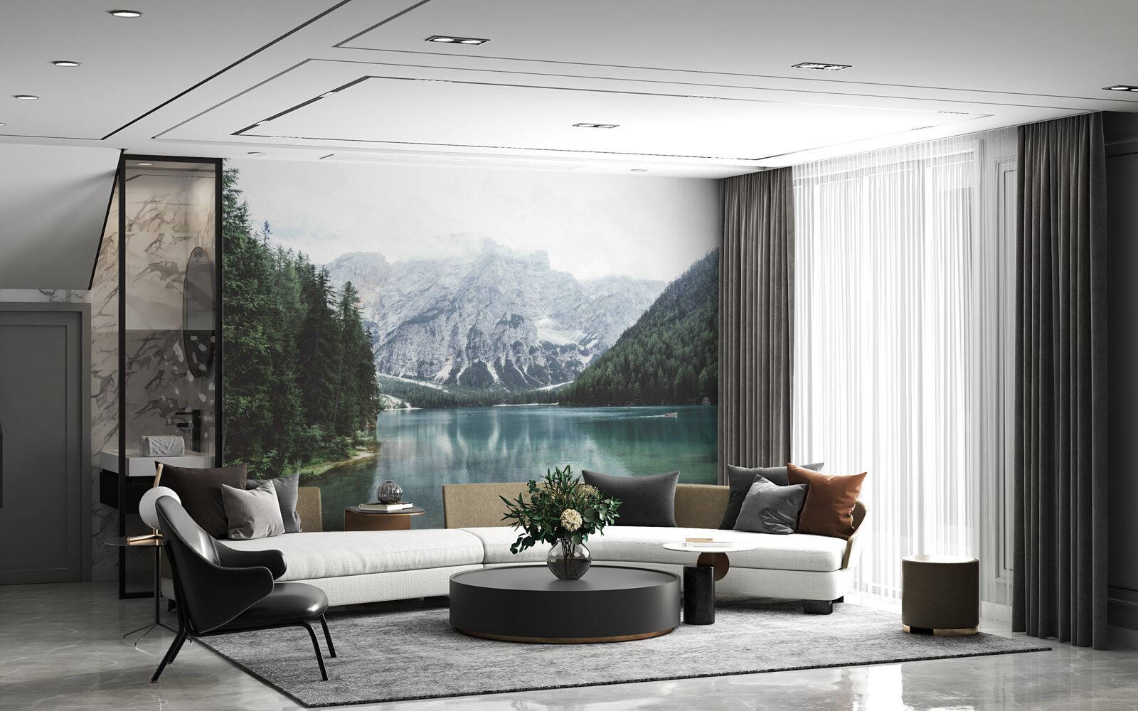 Fototapet râu liniștit în munți printre copaci conifere