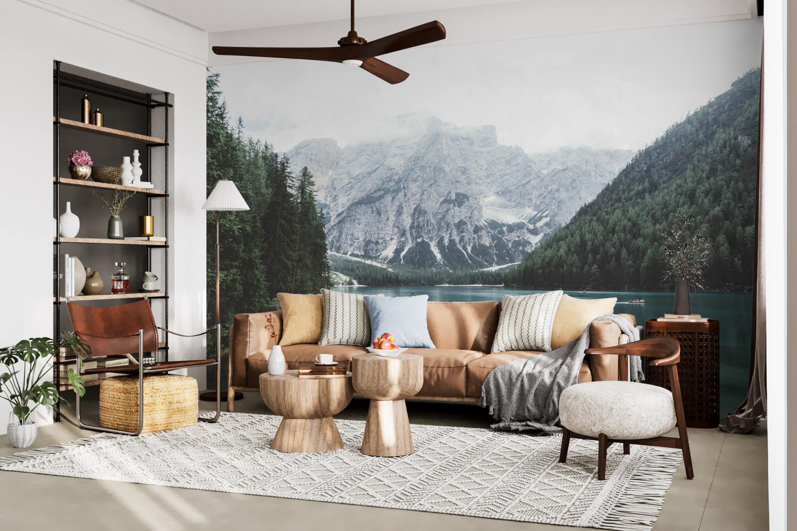 Fototapet râu liniștit în munți printre copaci conifere